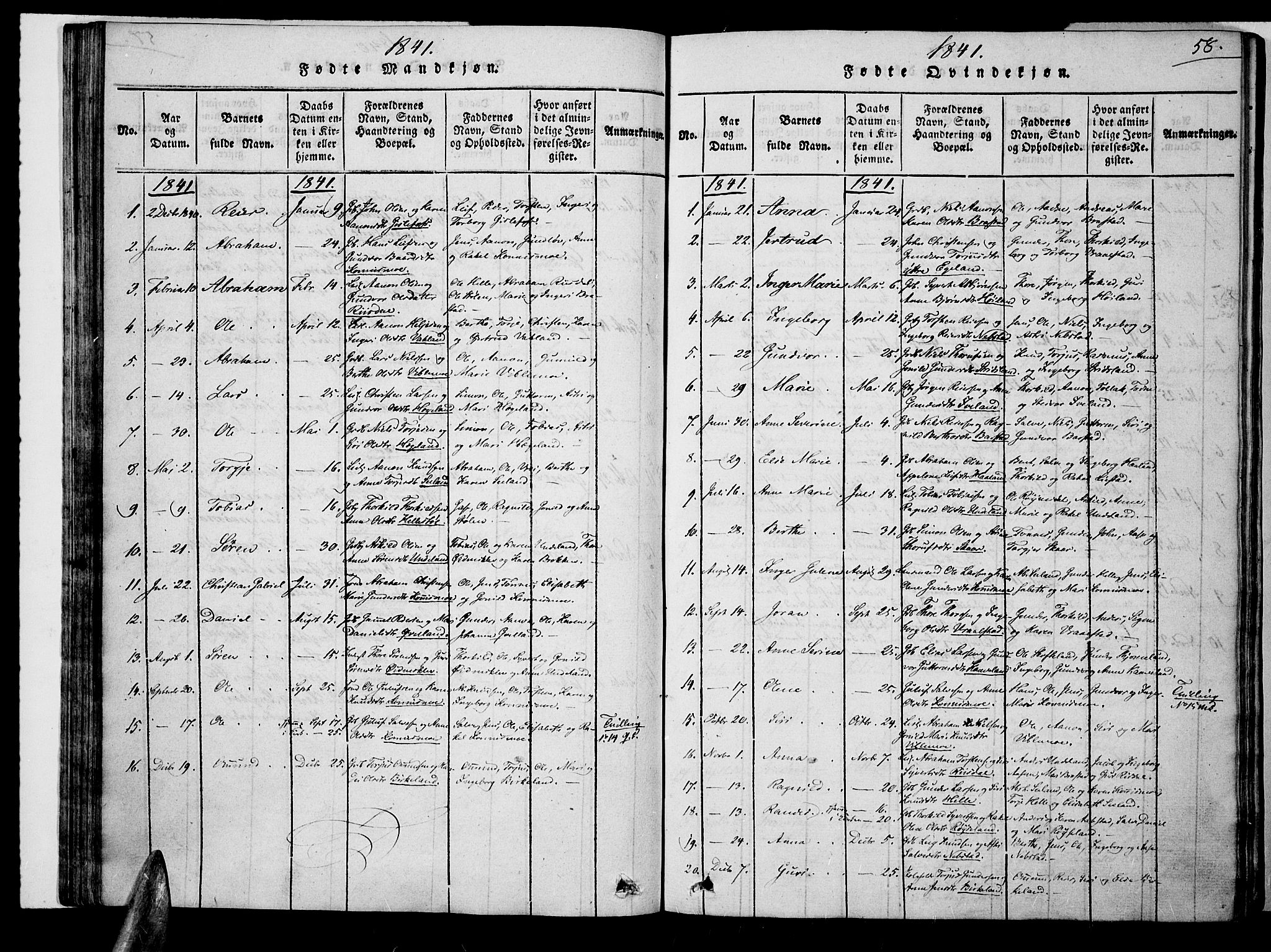 Nord-Audnedal sokneprestkontor, AV/SAK-1111-0032/F/Fa/Faa/L0001: Parish register (official) no. A 1, 1815-1856, p. 58