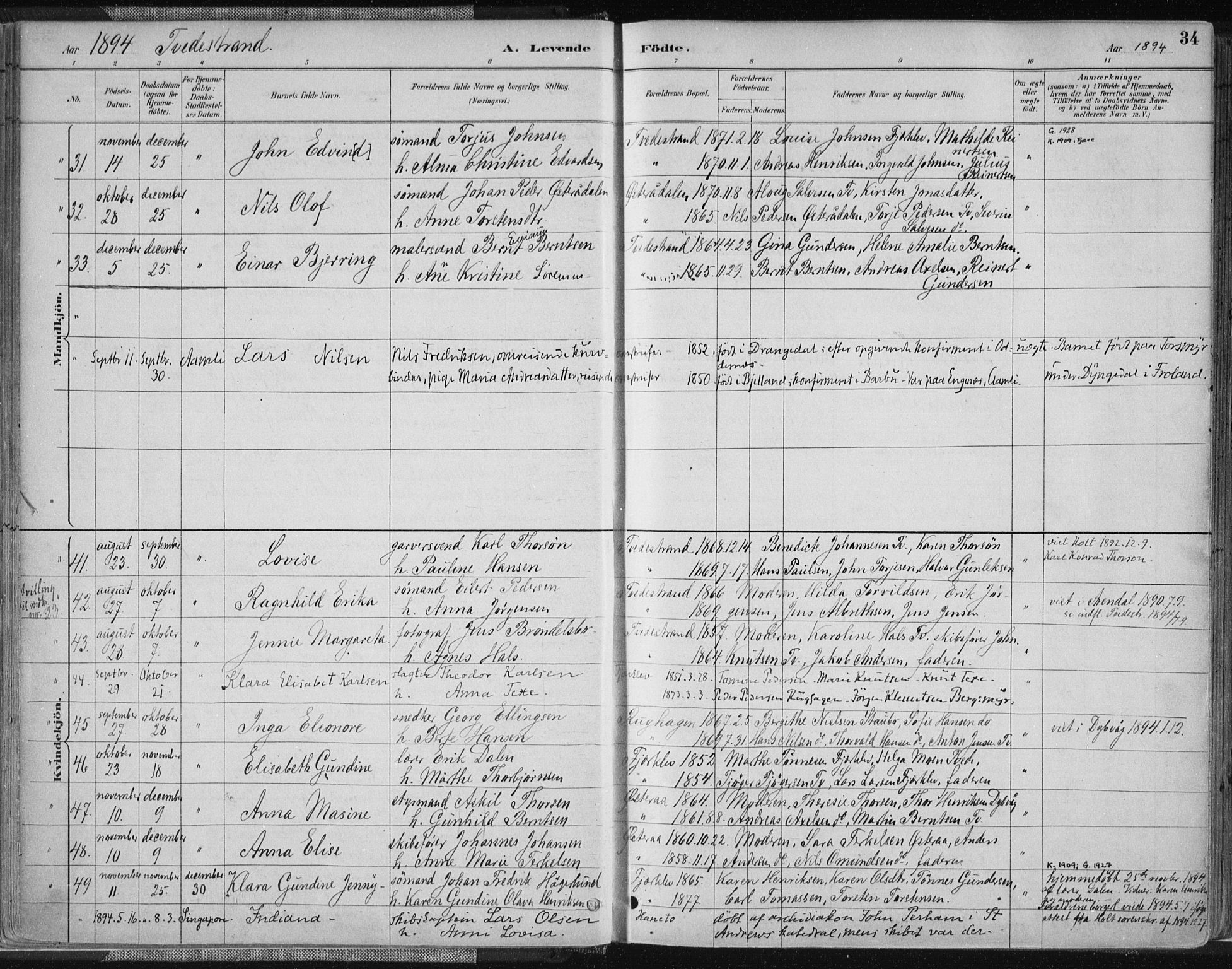 Tvedestrand sokneprestkontor, AV/SAK-1111-0042/F/Fa/L0001: Parish register (official) no. A 1, 1885-1916, p. 34