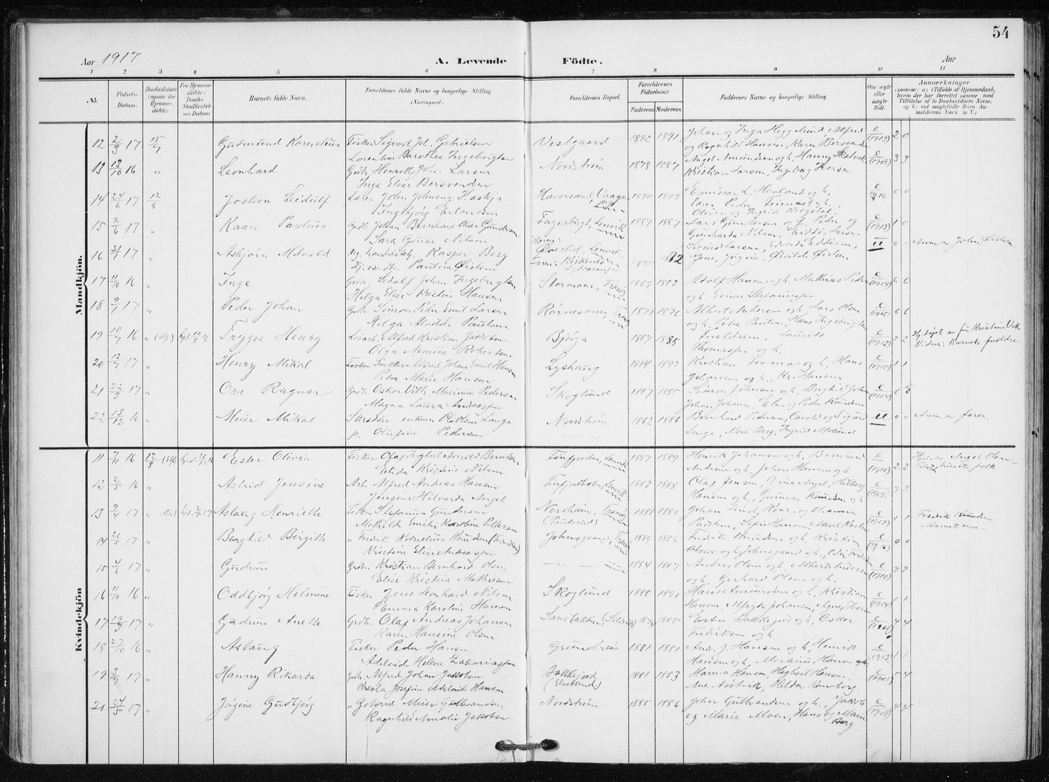 Tranøy sokneprestkontor, AV/SATØ-S-1313/I/Ia/Iaa/L0012kirke: Parish register (official) no. 12, 1905-1918, p. 54