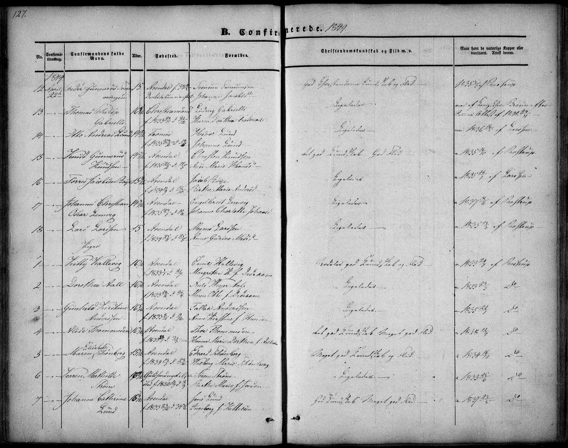 Arendal sokneprestkontor, Trefoldighet, AV/SAK-1111-0040/F/Fa/L0005: Parish register (official) no. A 5, 1838-1854, p. 127