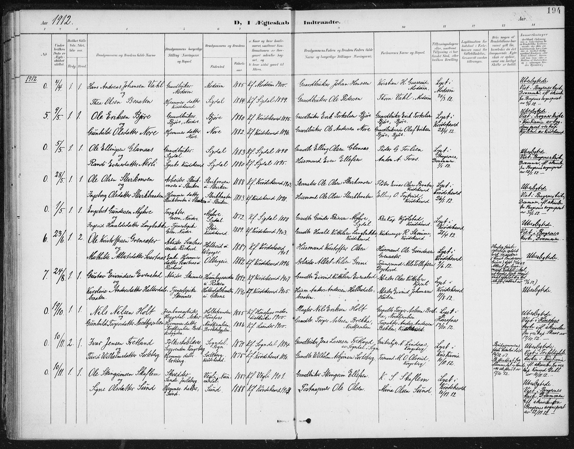 Krødsherad kirkebøker, AV/SAKO-A-19/F/Fa/L0007: Parish register (official) no. 7, 1900-1915, p. 194