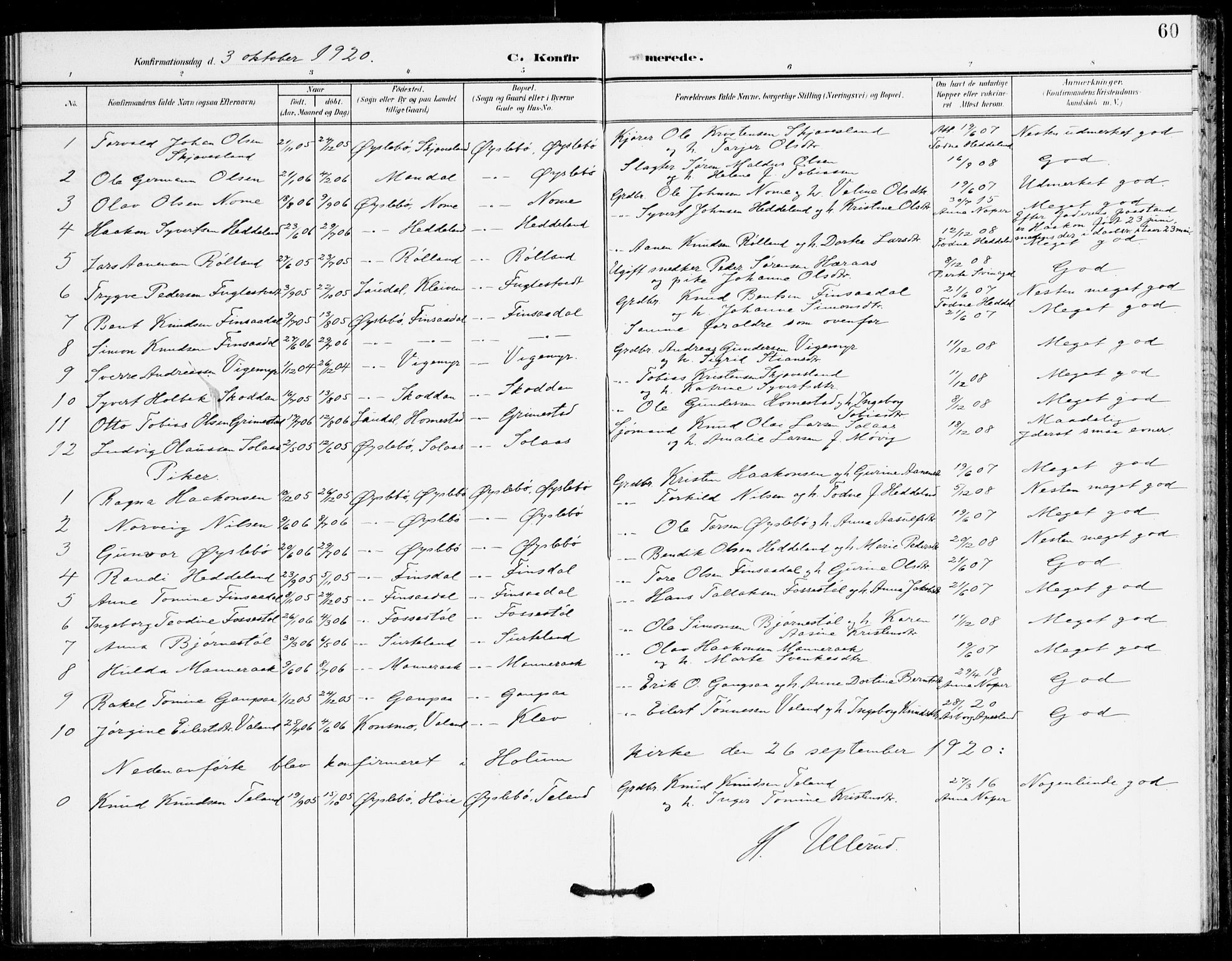 Holum sokneprestkontor, SAK/1111-0022/F/Fa/Fac/L0005: Parish register (official) no. A 5, 1908-1930, p. 60
