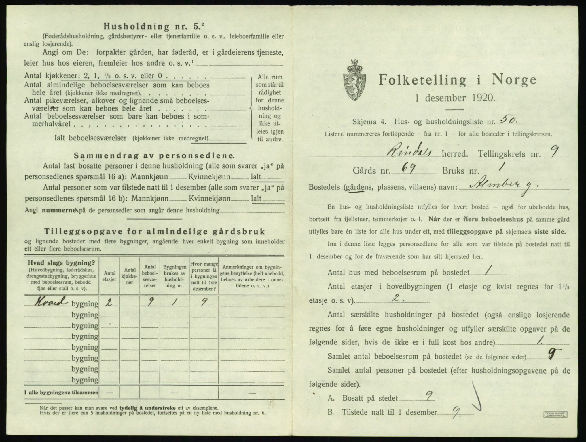 SAT, 1920 census for Rindal, 1920, p. 724