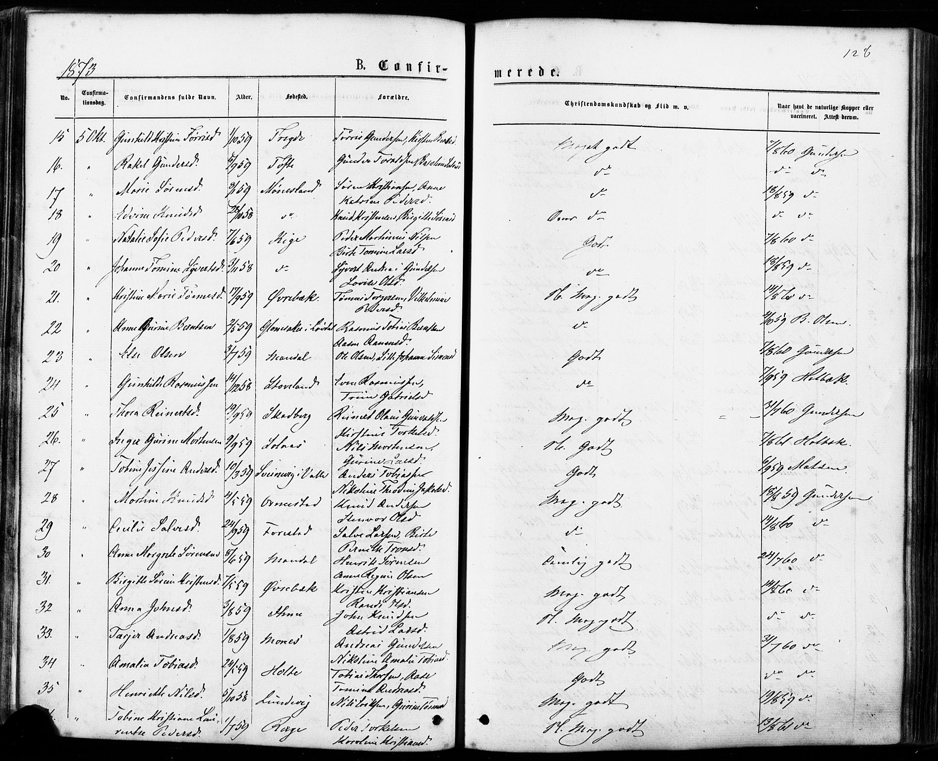 Mandal sokneprestkontor, SAK/1111-0030/F/Fa/Faa/L0015: Parish register (official) no. A 15, 1873-1879, p. 128