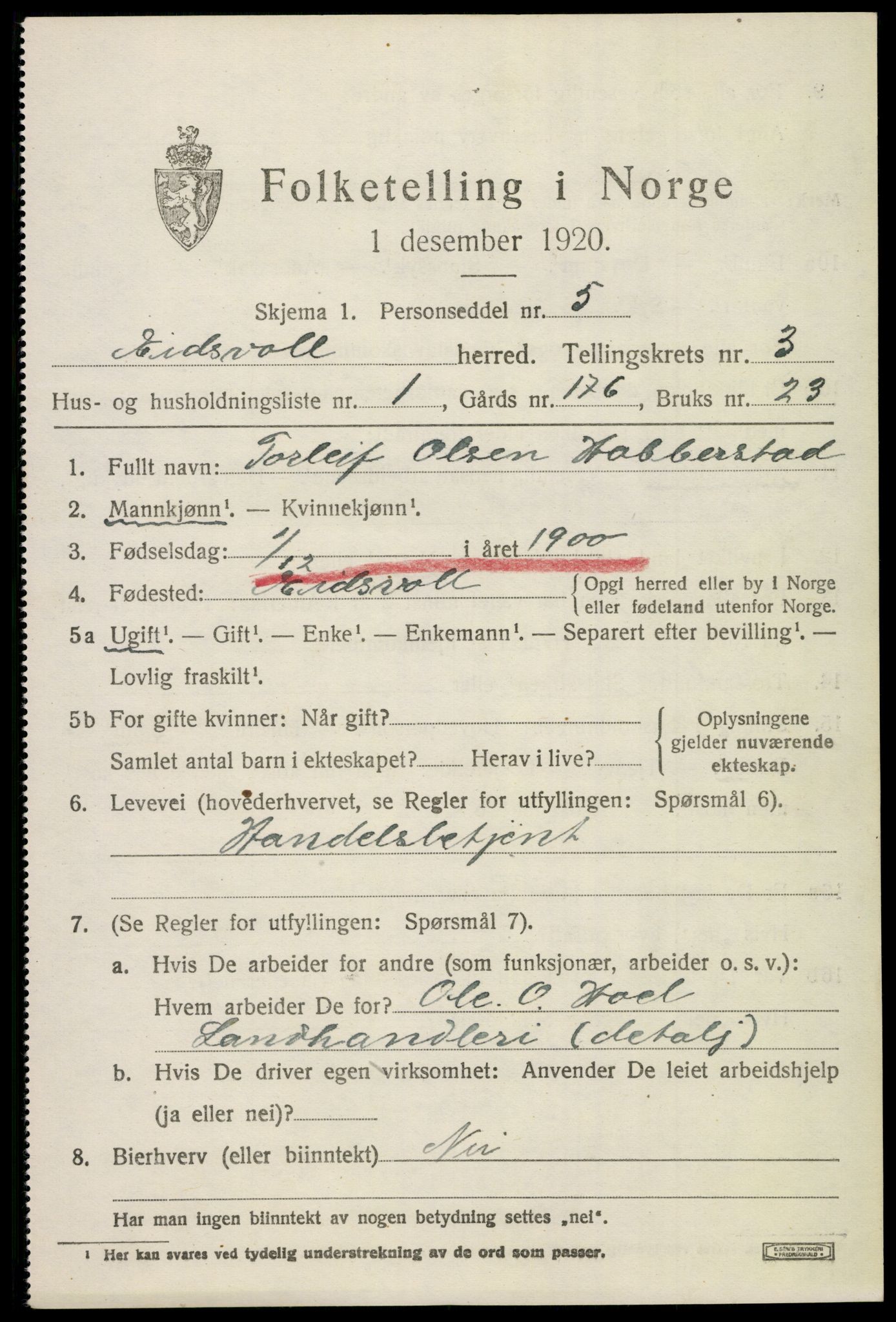 SAO, 1920 census for Eidsvoll, 1920, p. 7627