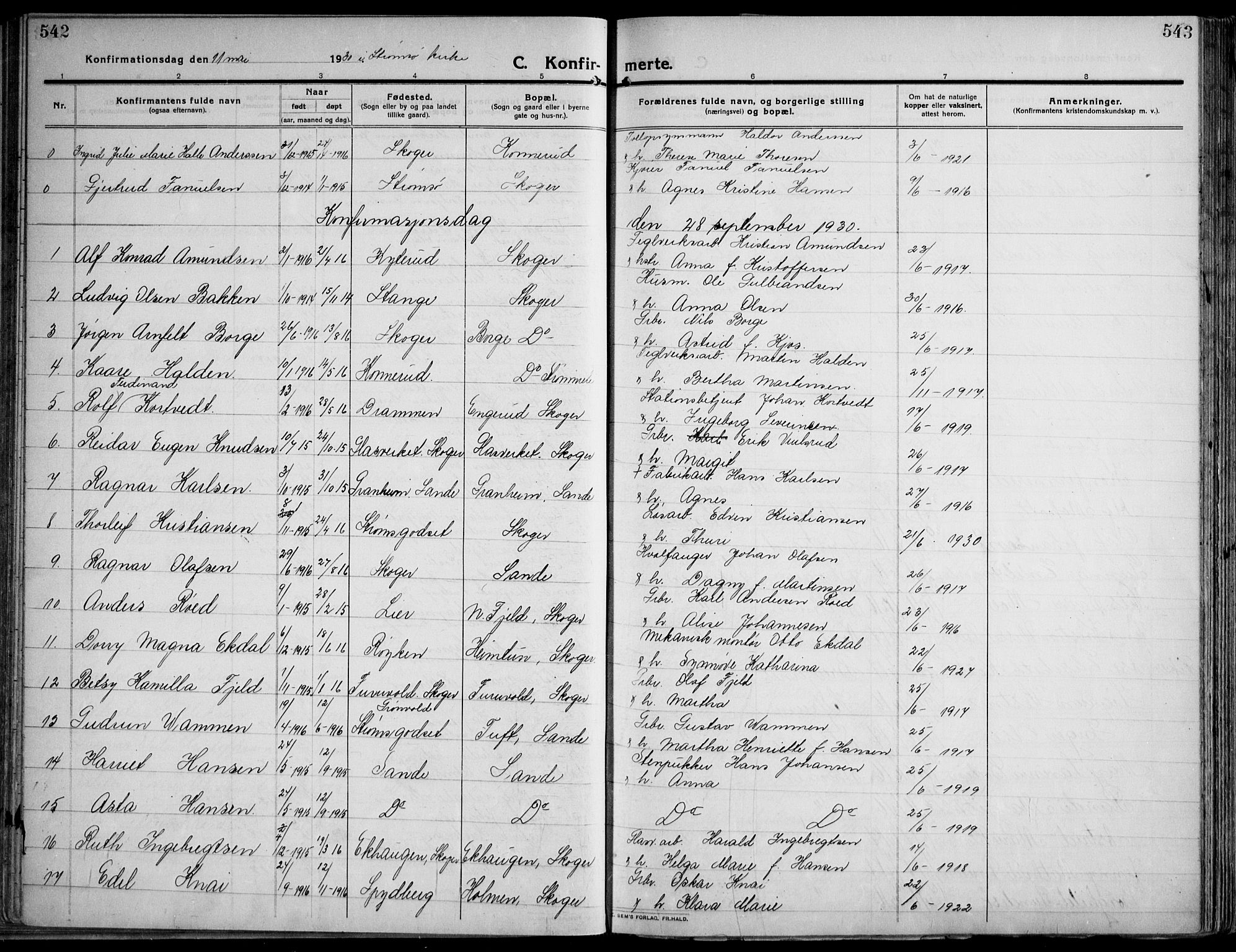 Skoger kirkebøker, AV/SAKO-A-59/F/Fa/L0007: Parish register (official) no. I 7, 1911-1936, p. 542-543