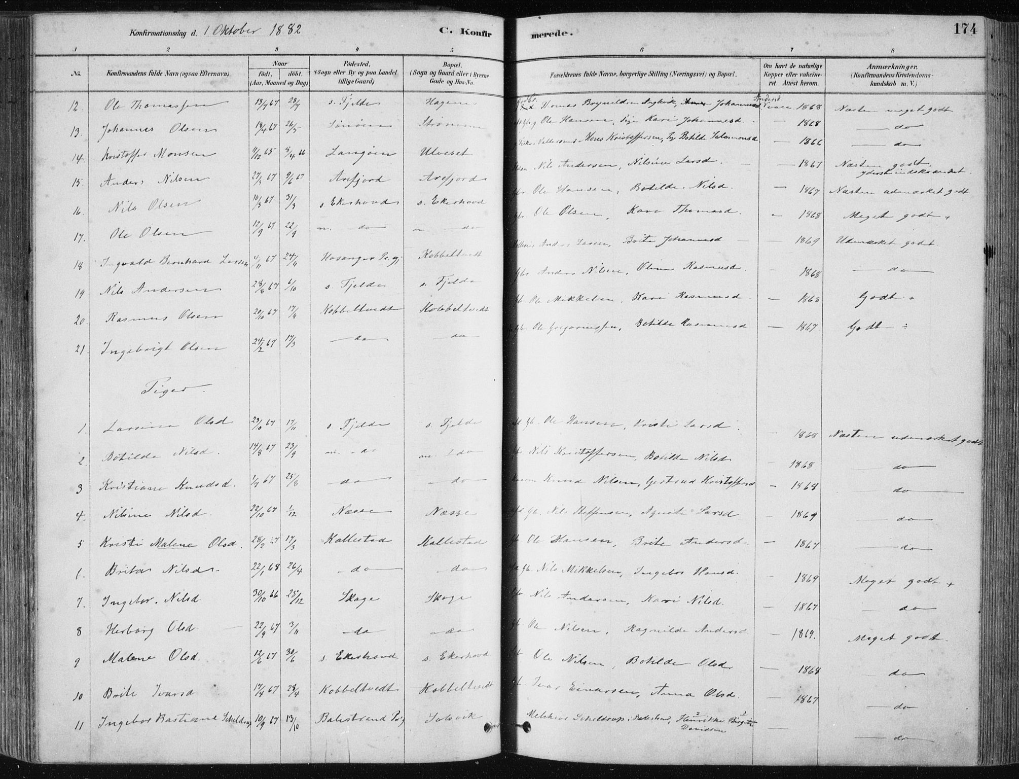 Fjell sokneprestembete, AV/SAB-A-75301/H/Haa: Parish register (official) no. A  8, 1878-1898, p. 174