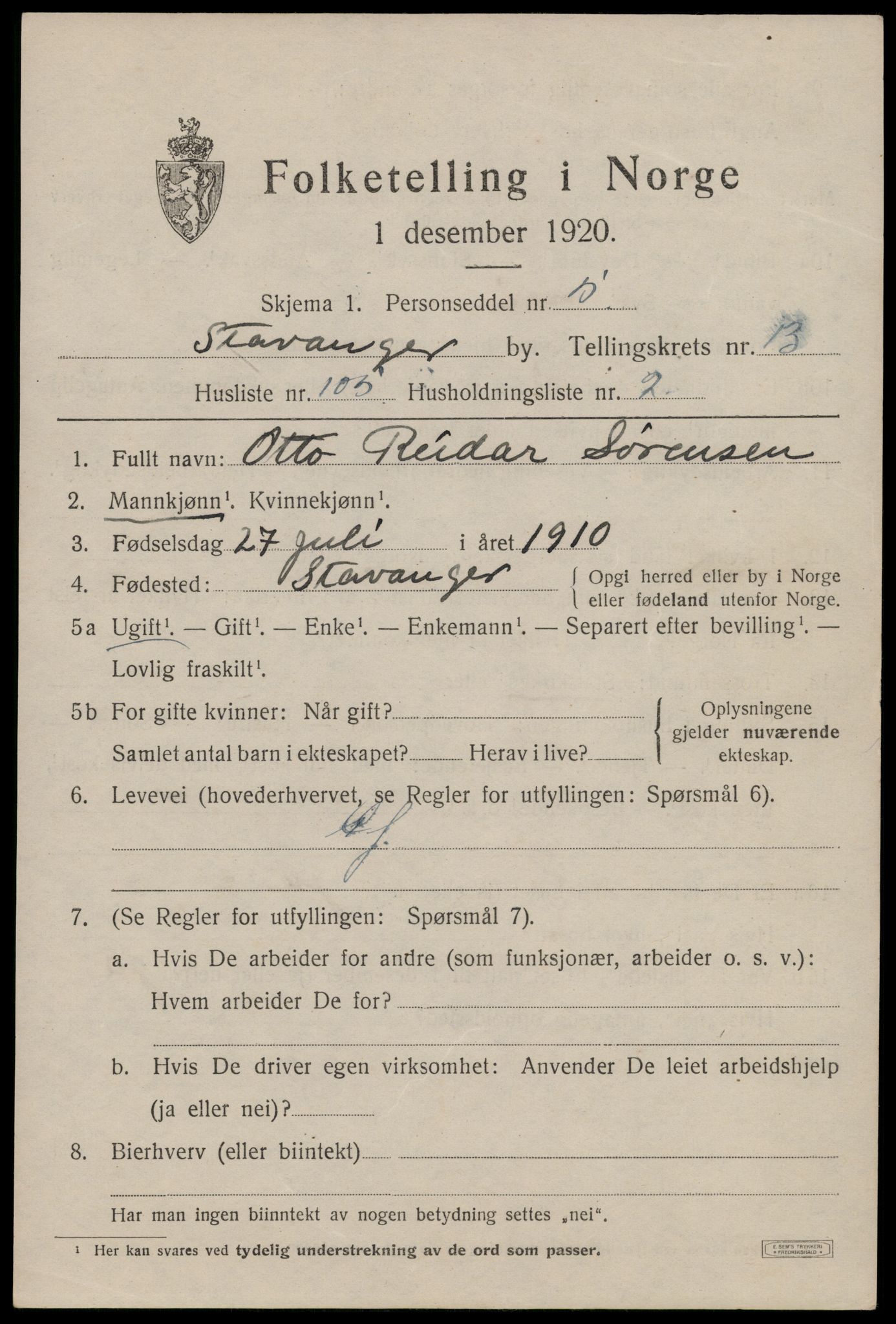 SAST, 1920 census for Stavanger, 1920, p. 59548