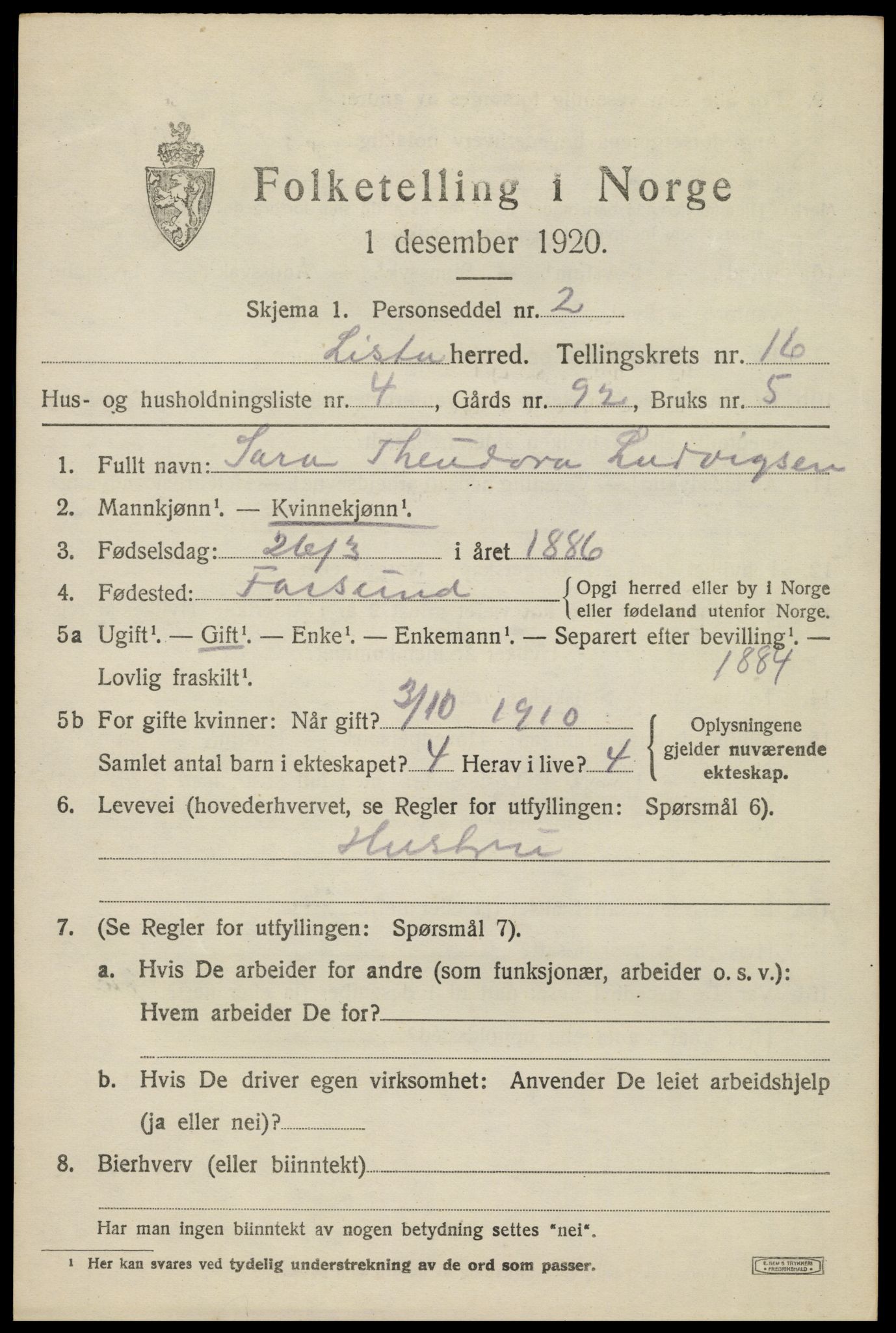 SAK, 1920 census for Lista, 1920, p. 12963