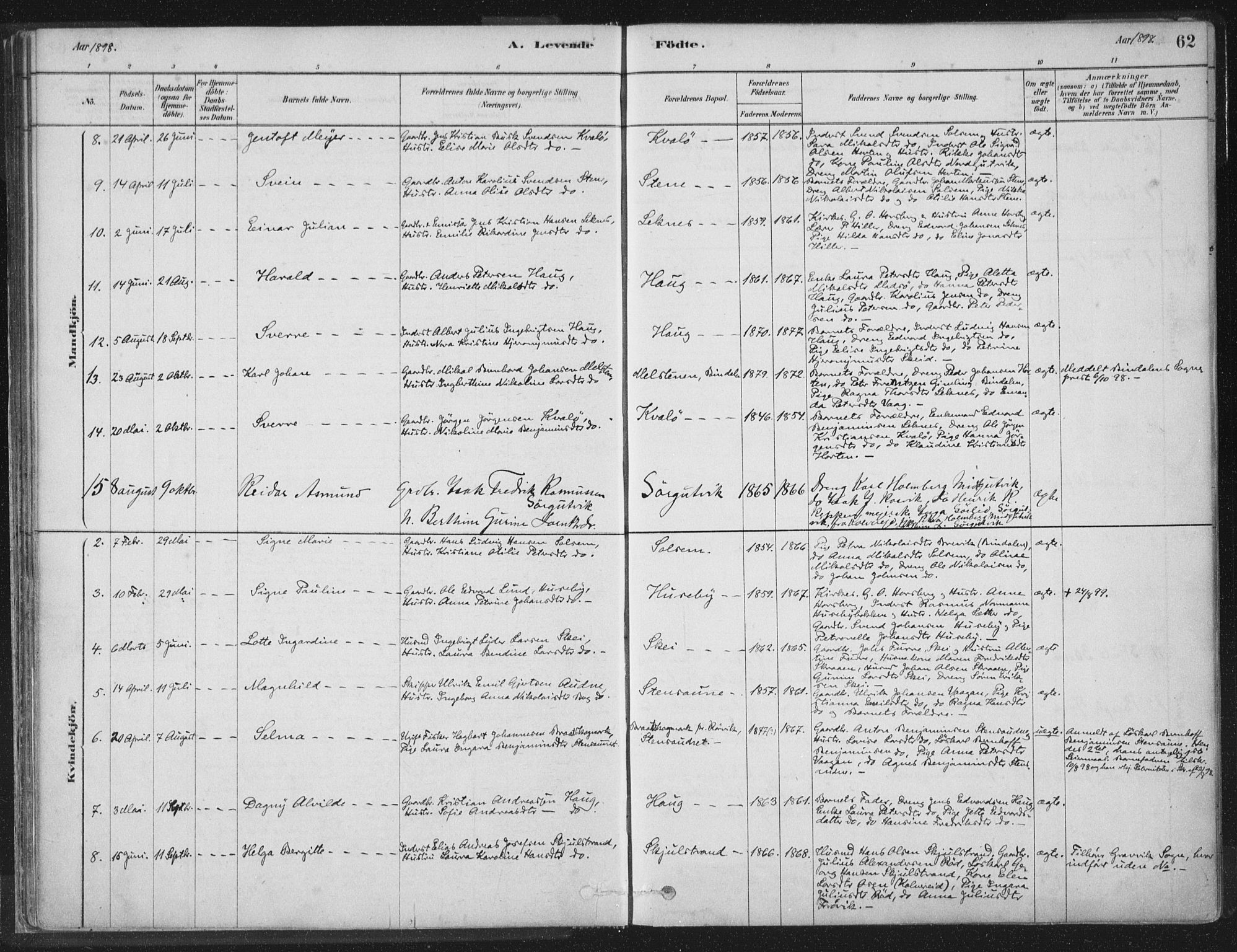 Ministerialprotokoller, klokkerbøker og fødselsregistre - Nord-Trøndelag, AV/SAT-A-1458/788/L0697: Parish register (official) no. 788A04, 1878-1902, p. 62