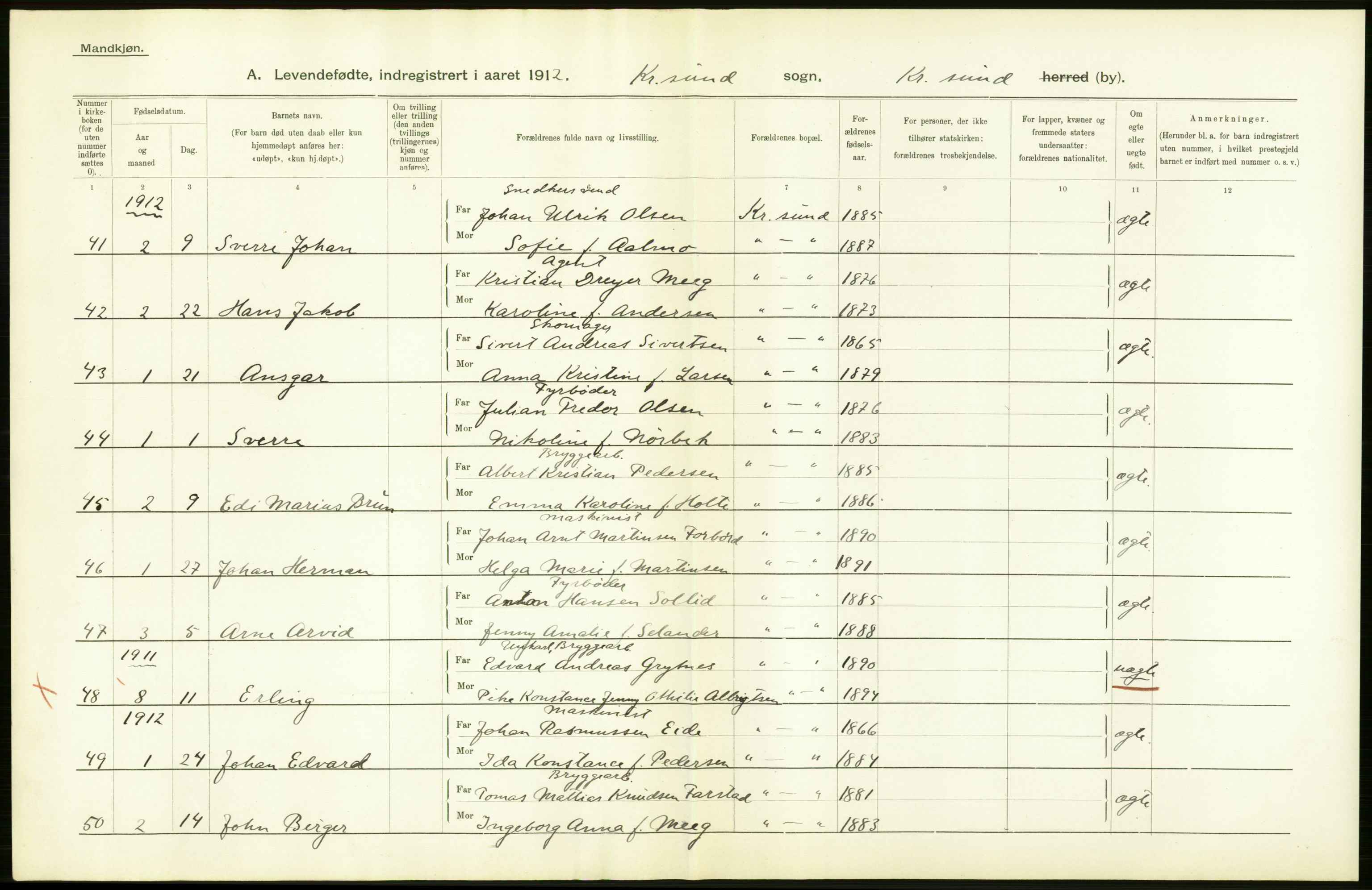 Statistisk sentralbyrå, Sosiodemografiske emner, Befolkning, AV/RA-S-2228/D/Df/Dfb/Dfbb/L0038: Romsdals amt: Levendefødte menn og kvinner. Bygder og byer samt gifte. Bygder og byer., 1912, p. 12