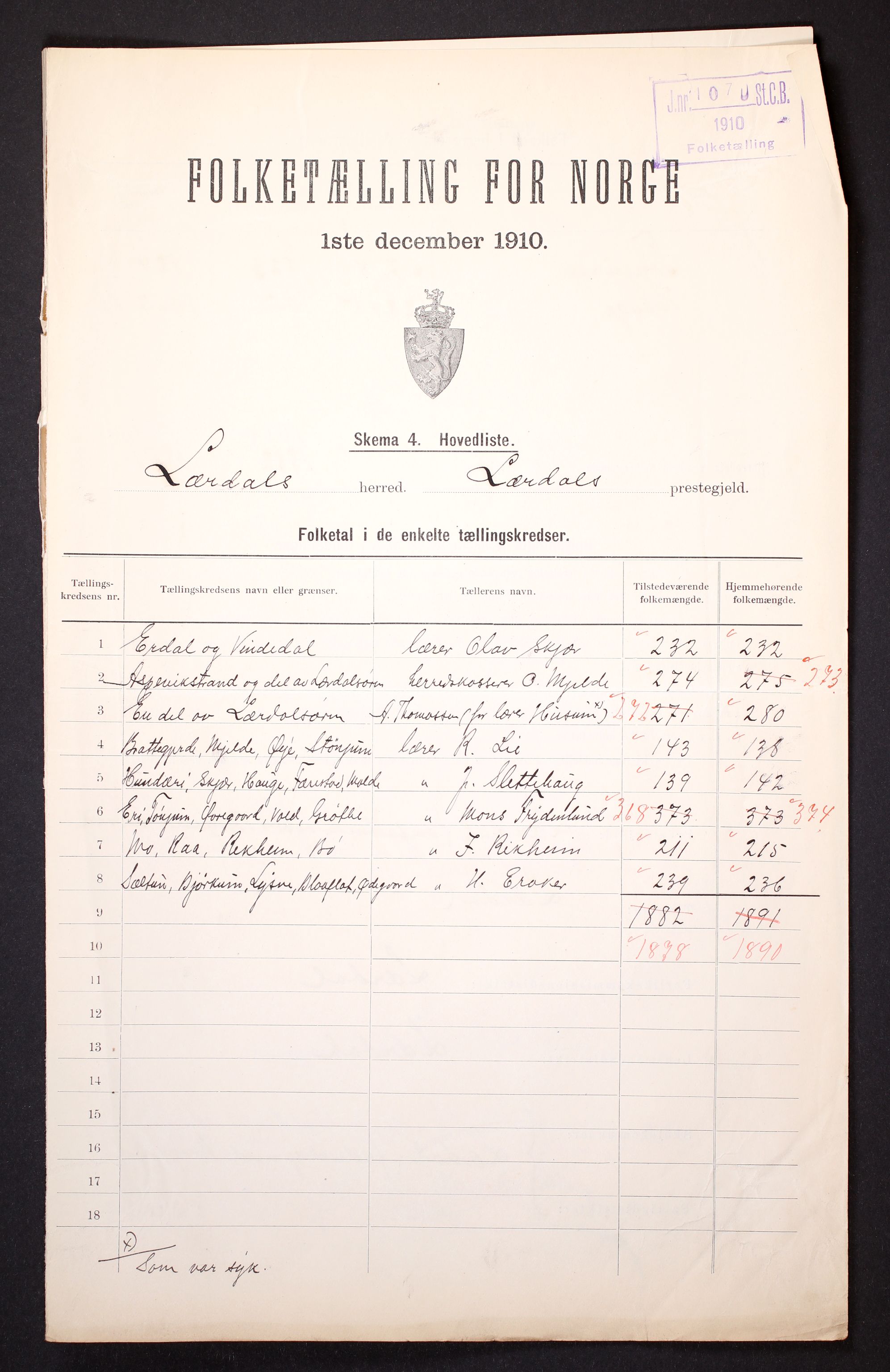 RA, 1910 census for Lærdal, 1910, p. 2