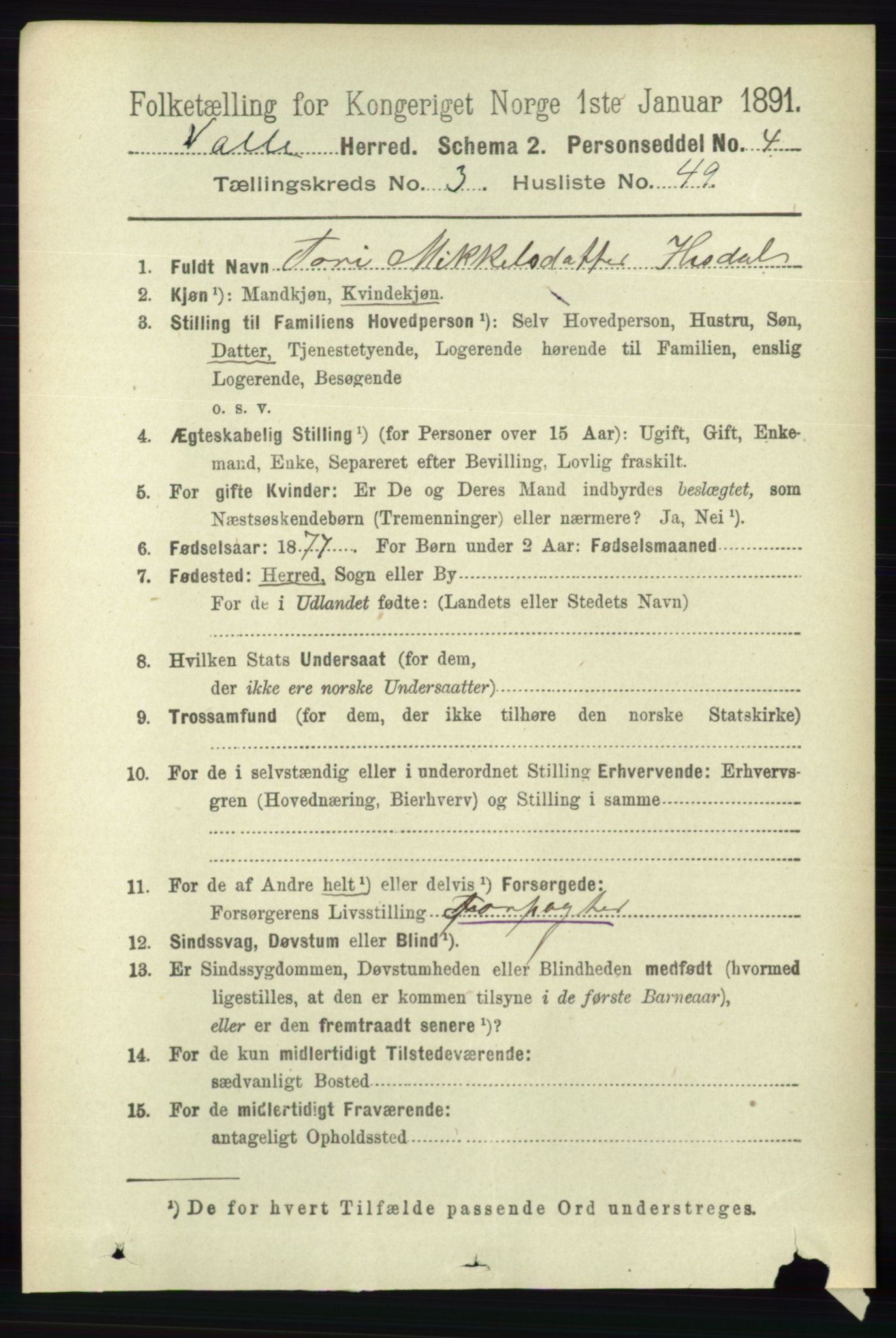 RA, 1891 census for 0940 Valle, 1891, p. 946