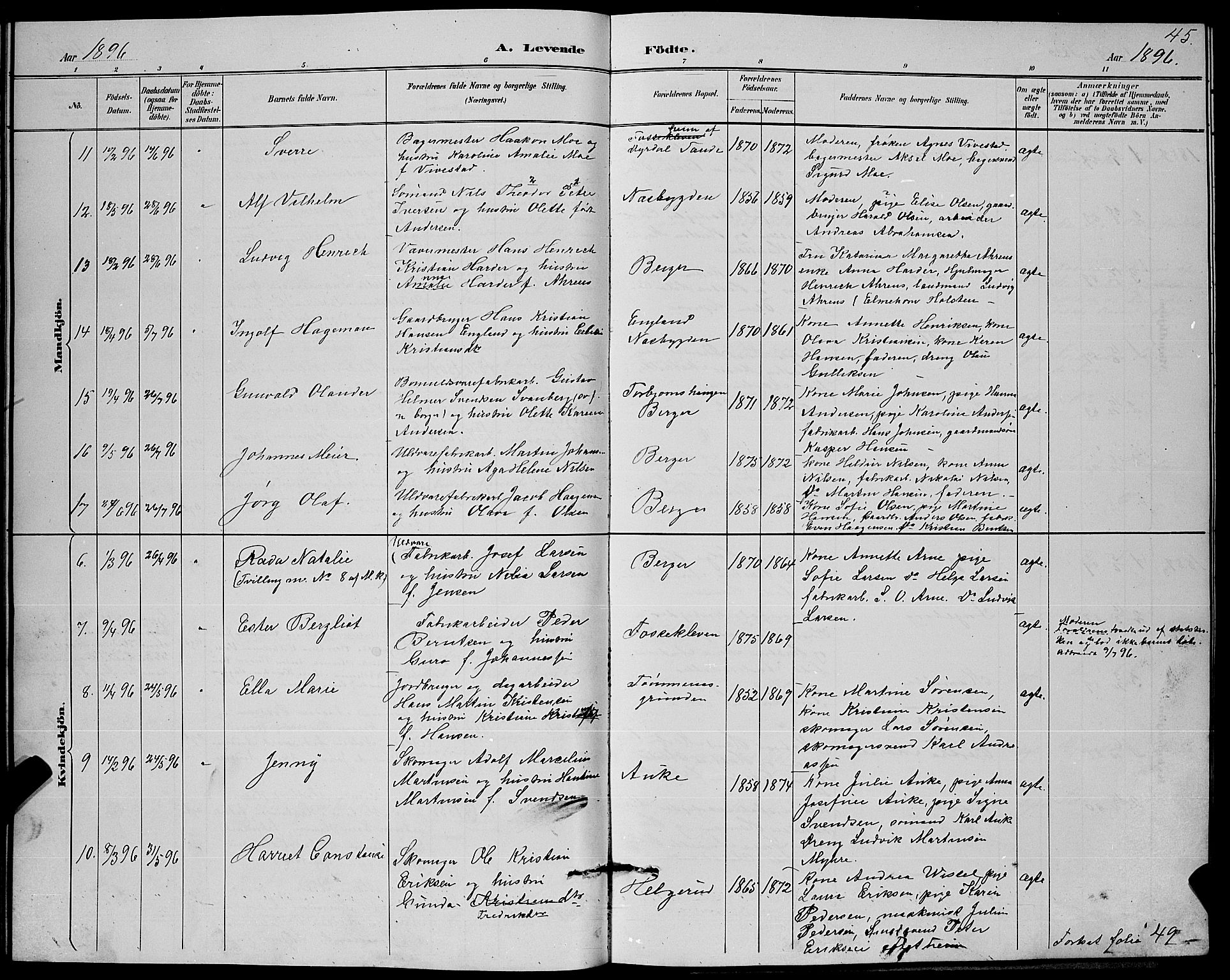 Strømm kirkebøker, AV/SAKO-A-322/G/Ga/L0003: Parish register (copy) no. I 3, 1889-1896, p. 45