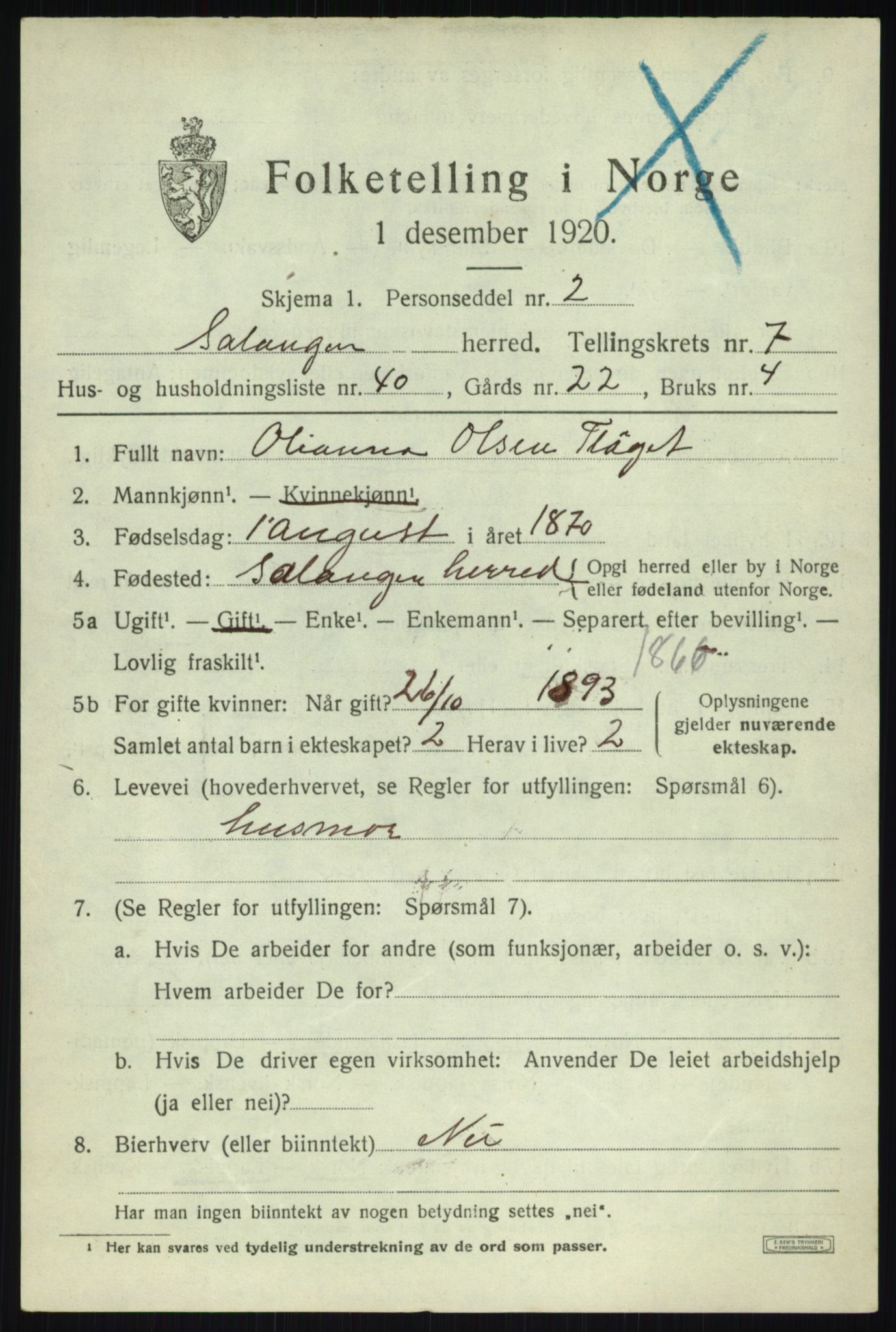 SATØ, 1920 census for Salangen, 1920, p. 5178