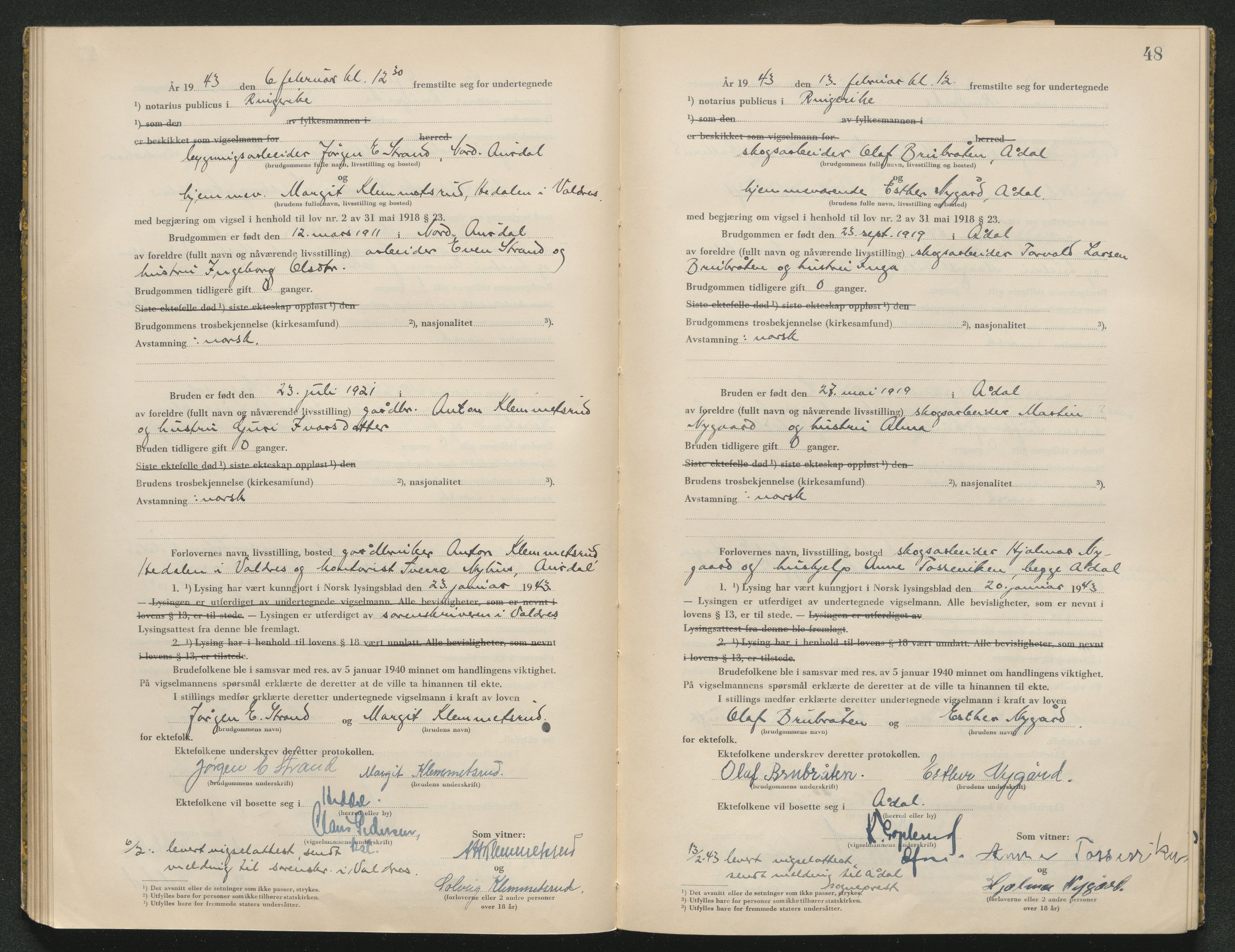Ringerike sorenskriveri, AV/SAKO-A-105/L/Lc/L0002: Vigselsbok, 1942-1943, p. 48