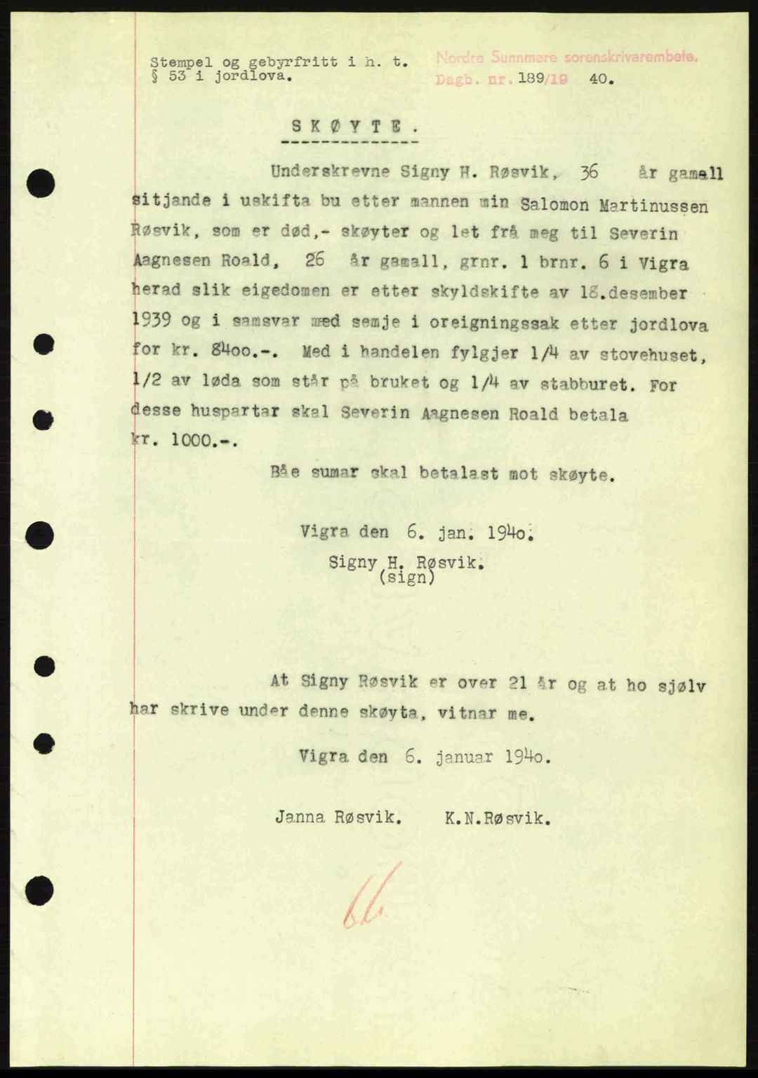 Nordre Sunnmøre sorenskriveri, AV/SAT-A-0006/1/2/2C/2Ca: Mortgage book no. A8, 1939-1940, Diary no: : 189/1940