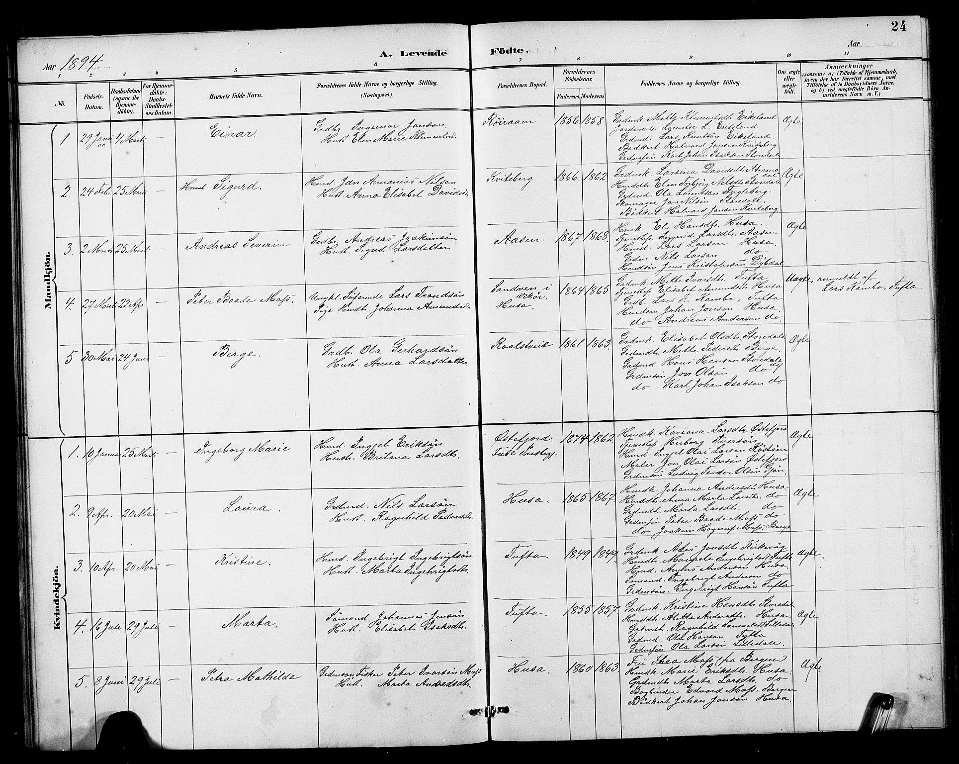 Kvinnherad sokneprestembete, SAB/A-76401/H/Hab: Parish register (copy) no. E 1, 1885-1921, p. 24