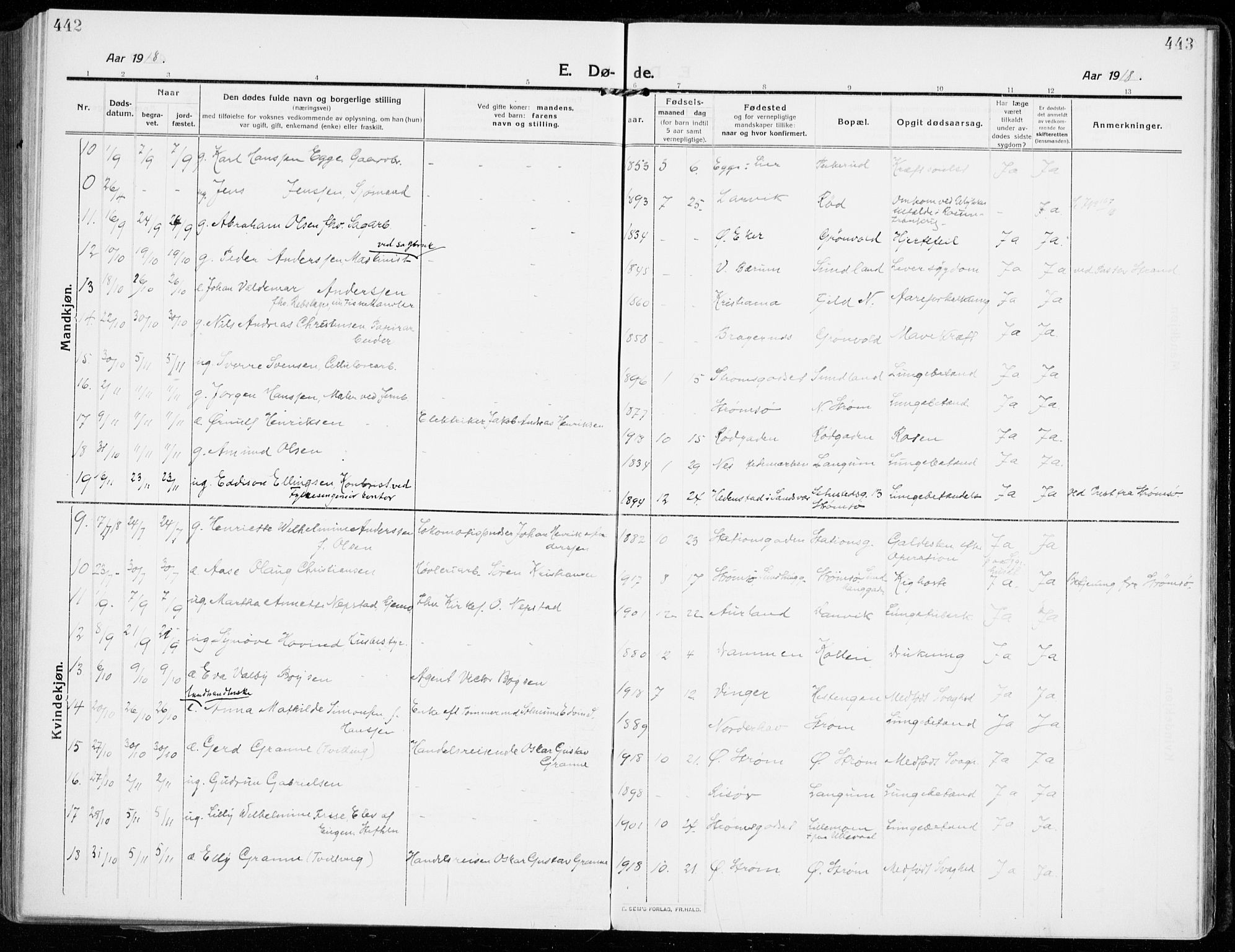 Strømsgodset kirkebøker, AV/SAKO-A-324/F/Fa/L0002: Parish register (official) no. 2, 1910-1920, p. 442-443