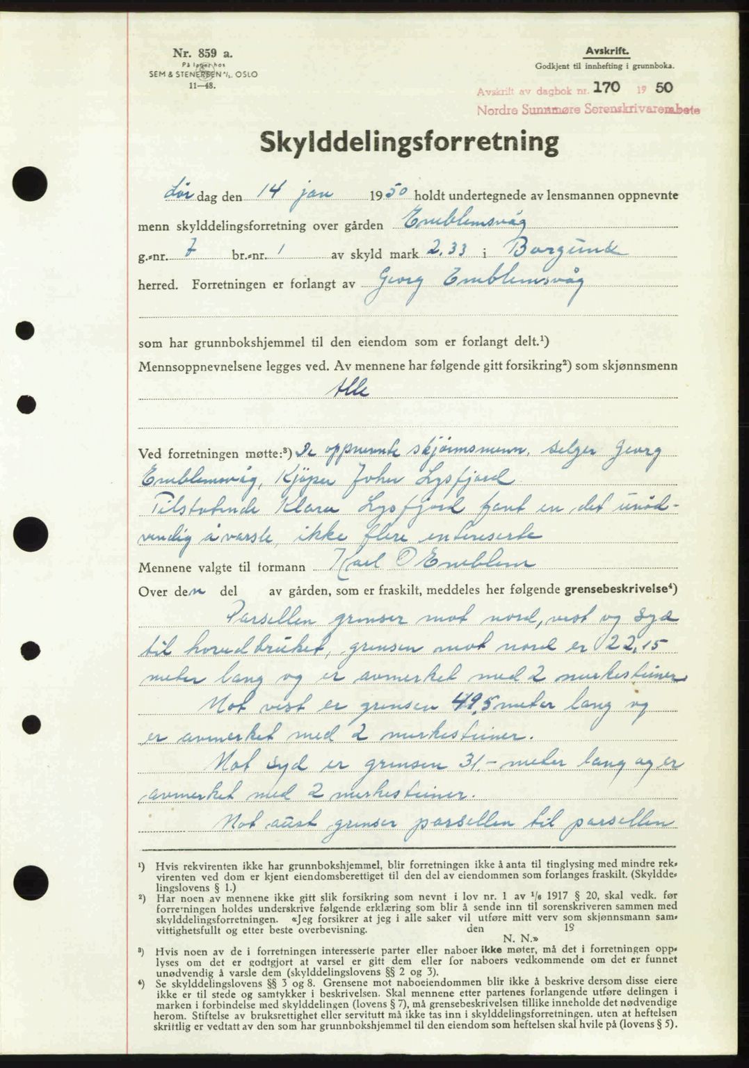 Nordre Sunnmøre sorenskriveri, AV/SAT-A-0006/1/2/2C/2Ca: Mortgage book no. A33, 1949-1950, Diary no: : 170/1950