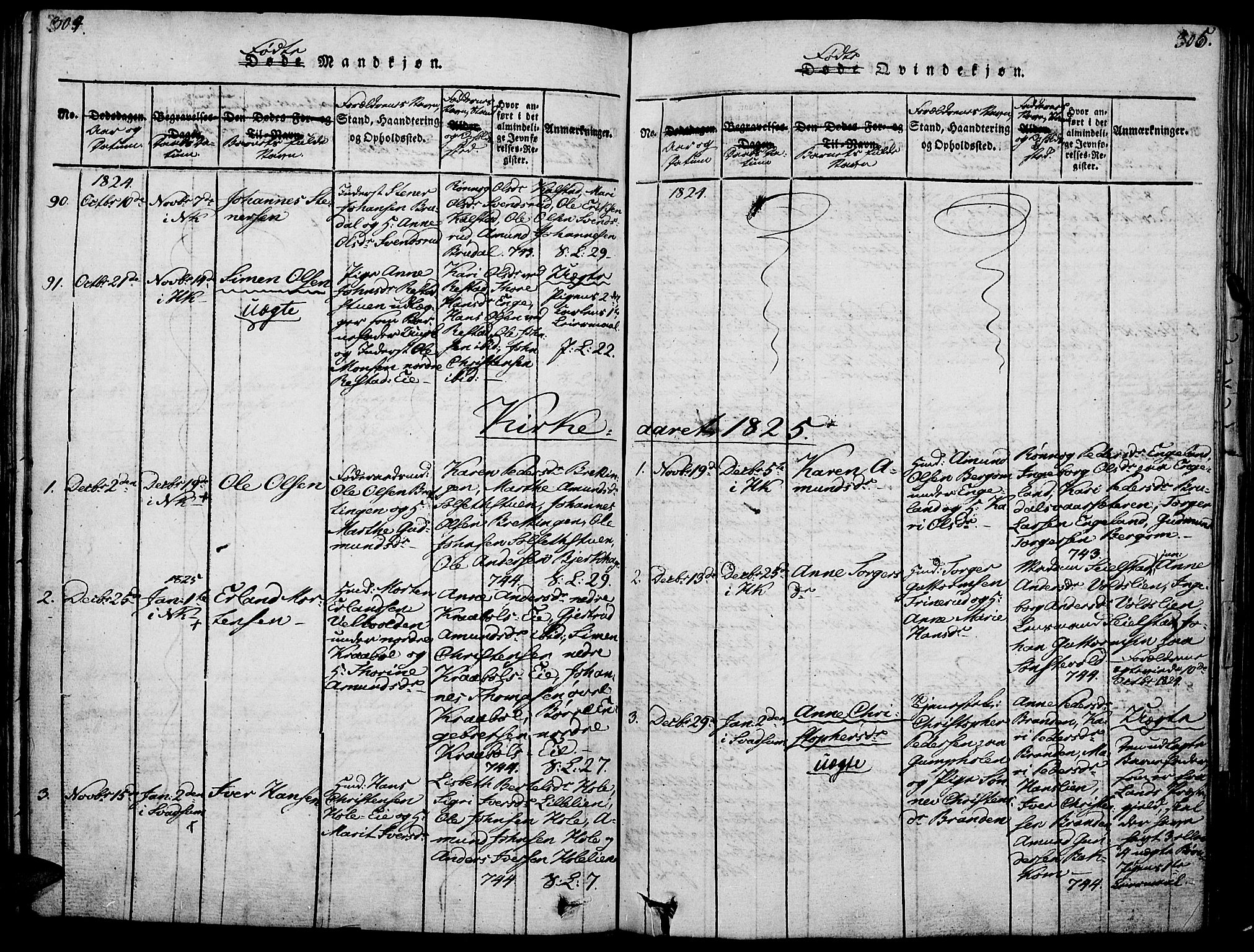 Gausdal prestekontor, SAH/PREST-090/H/Ha/Haa/L0005: Parish register (official) no. 5, 1817-1829, p. 304-305