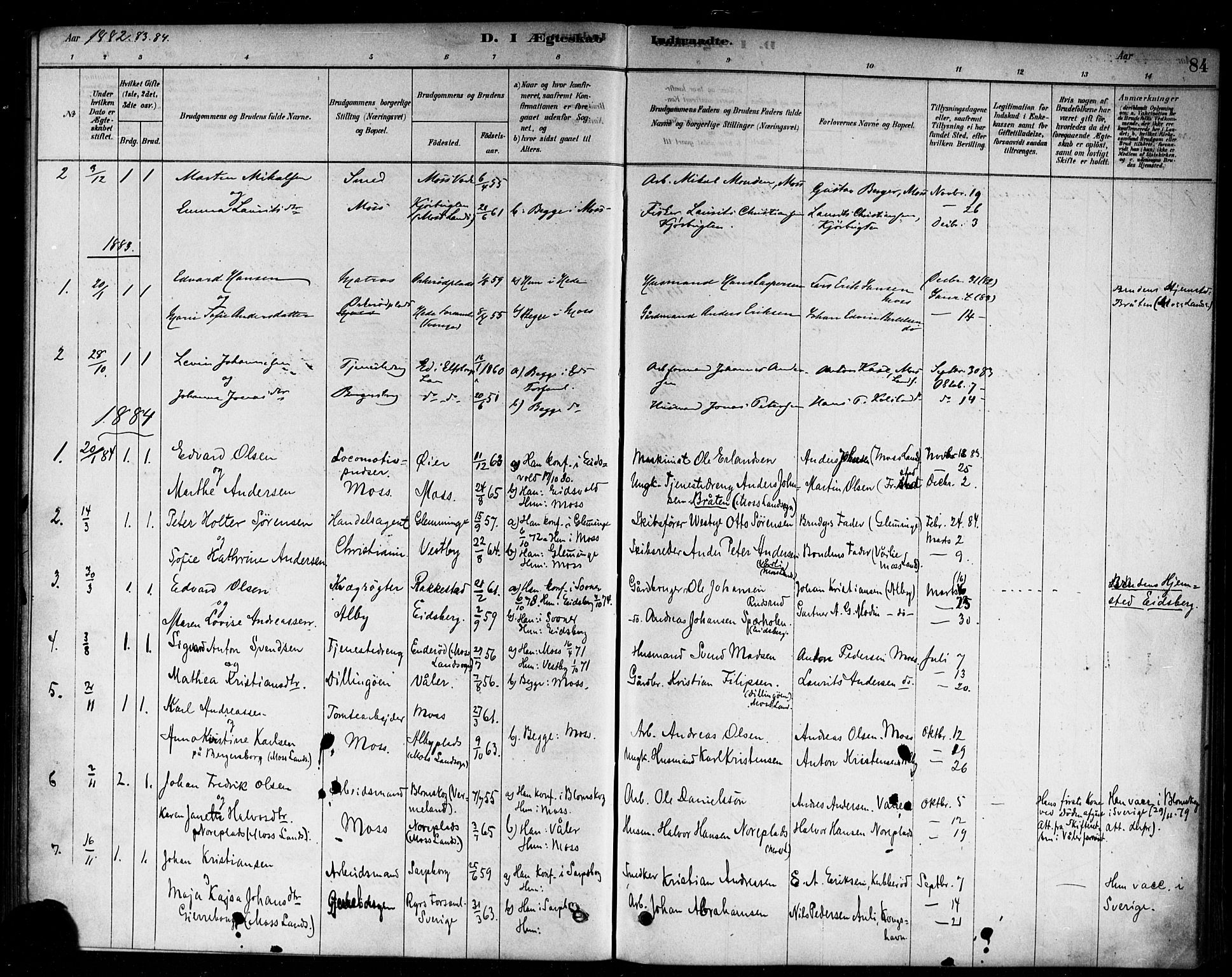 Moss prestekontor Kirkebøker, AV/SAO-A-2003/F/Fc/L0001: Parish register (official) no. III 1, 1878-1894, p. 84