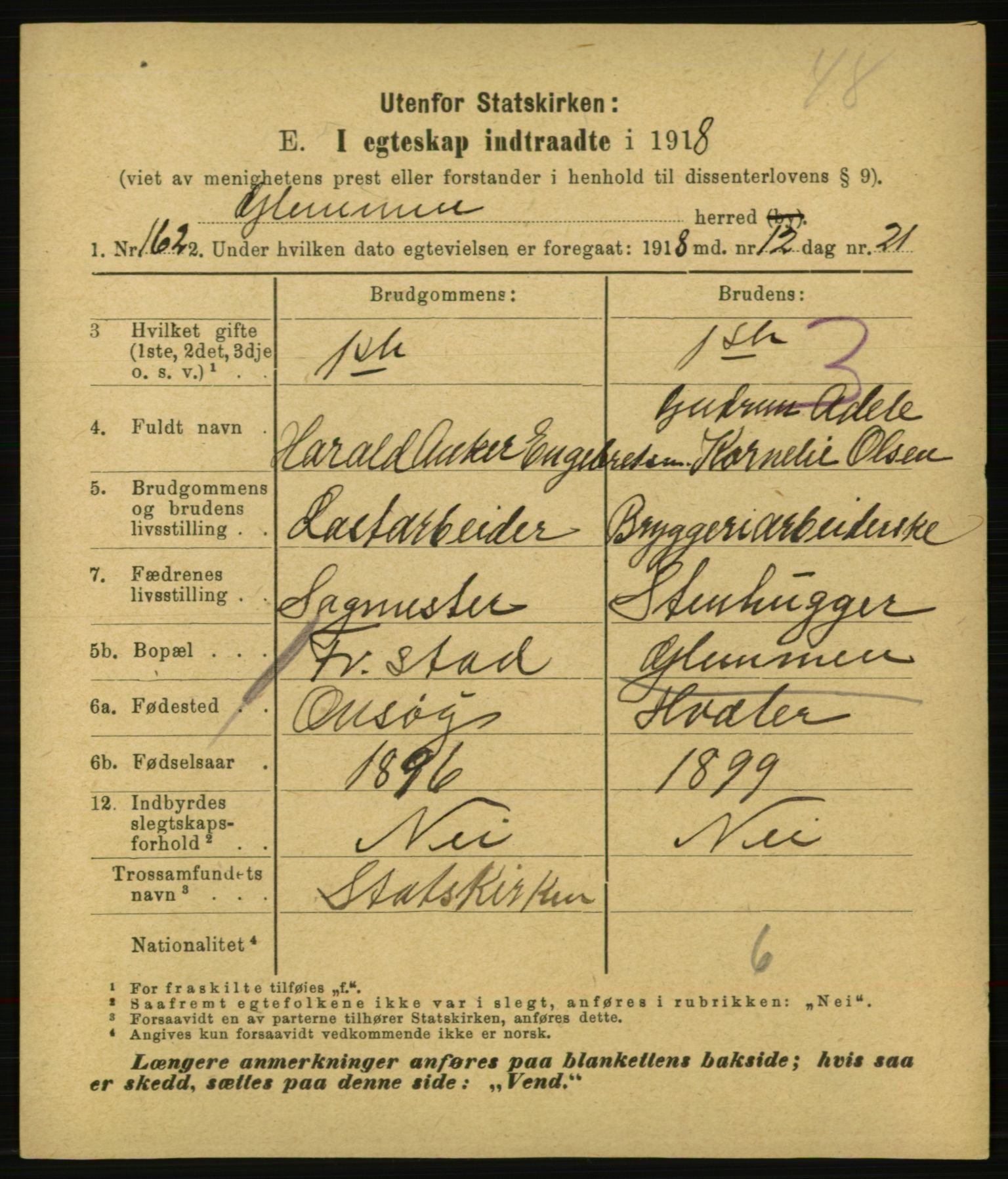 Statistisk sentralbyrå, Sosiodemografiske emner, Befolkning, AV/RA-S-2228/E/L0016: Fødte, gifte, døde dissentere., 1918, p. 1545