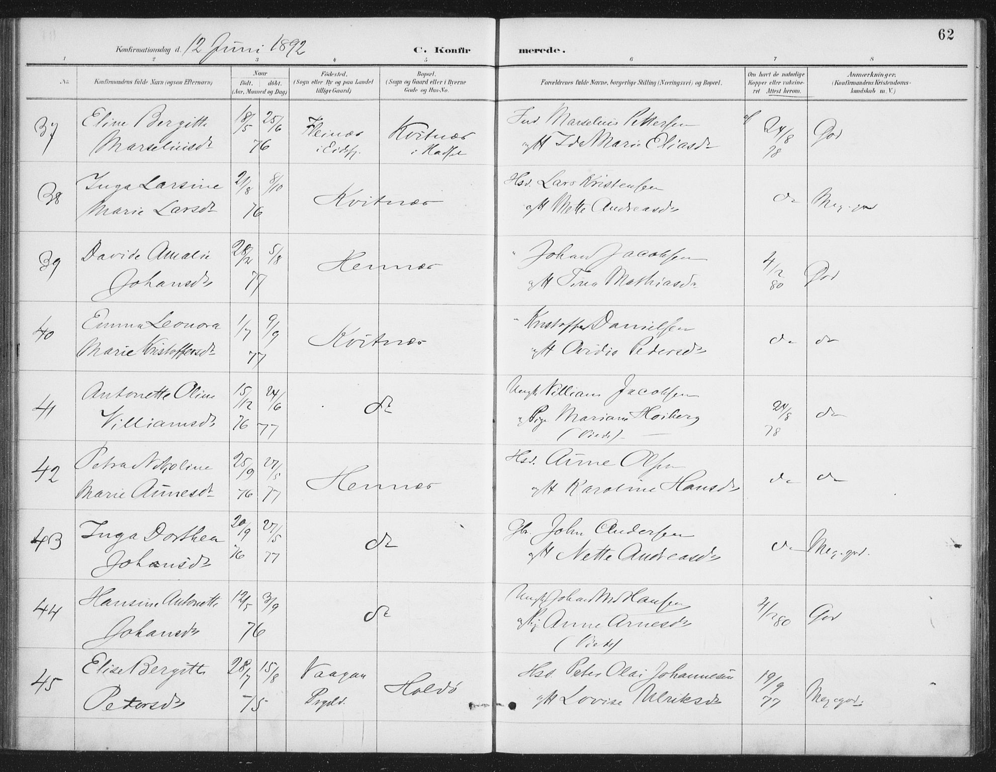 Ministerialprotokoller, klokkerbøker og fødselsregistre - Nordland, AV/SAT-A-1459/888/L1245: Parish register (official) no. 888A11, 1888-1900, p. 62