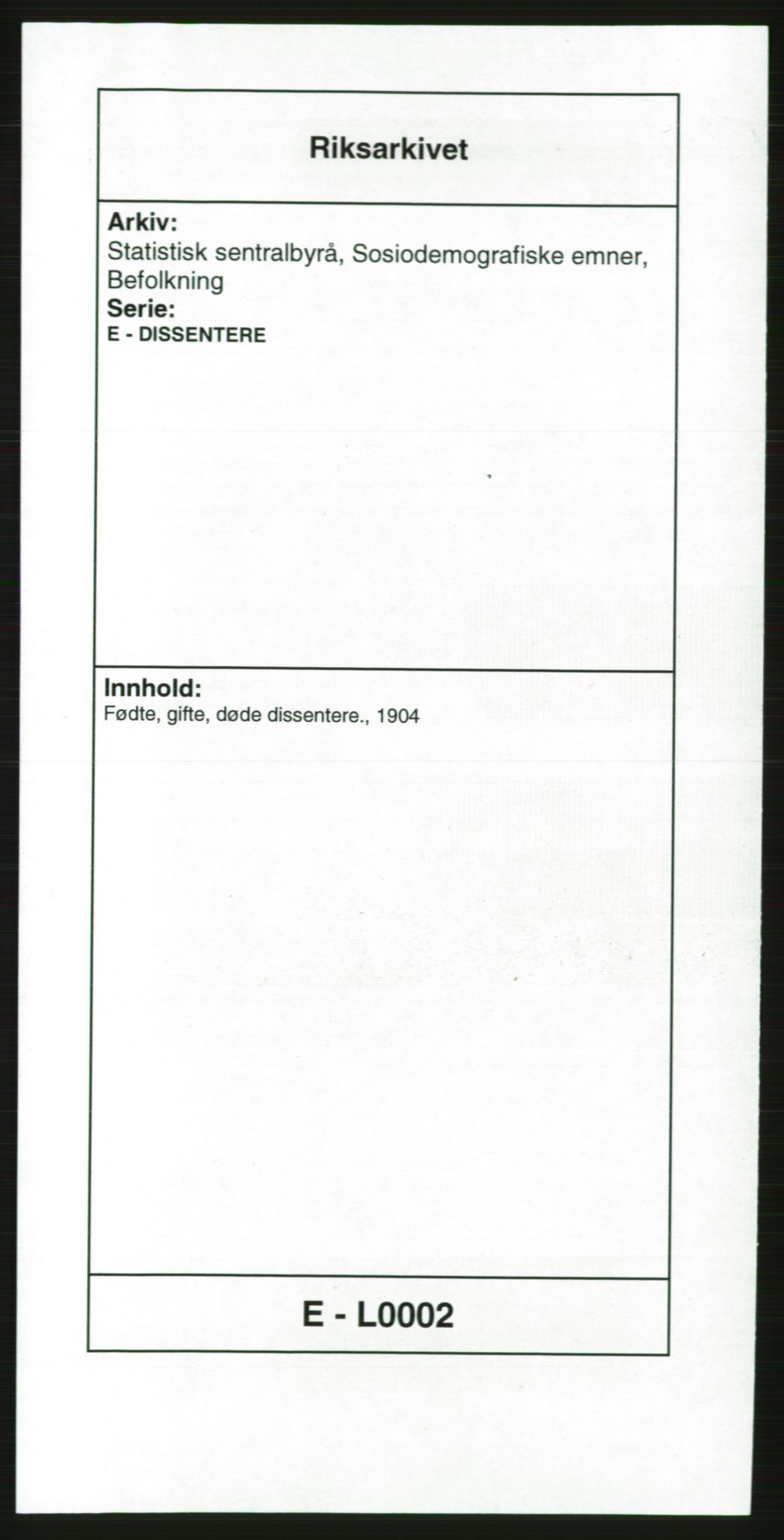 Statistisk sentralbyrå, Sosiodemografiske emner, Befolkning, AV/RA-S-2228/E/L0002: Fødte, gifte, døde dissentere., 1904, p. 1