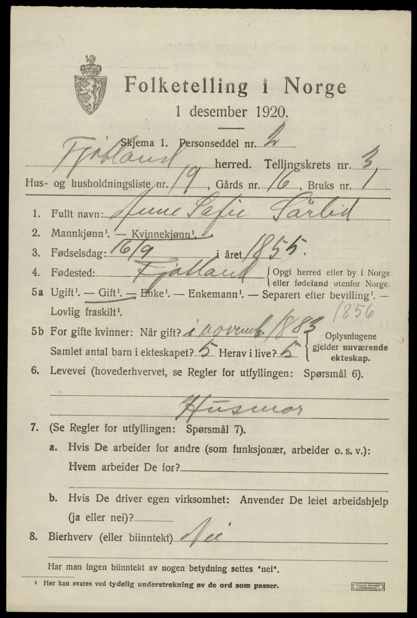 SAK, 1920 census for Fjotland, 1920, p. 1182