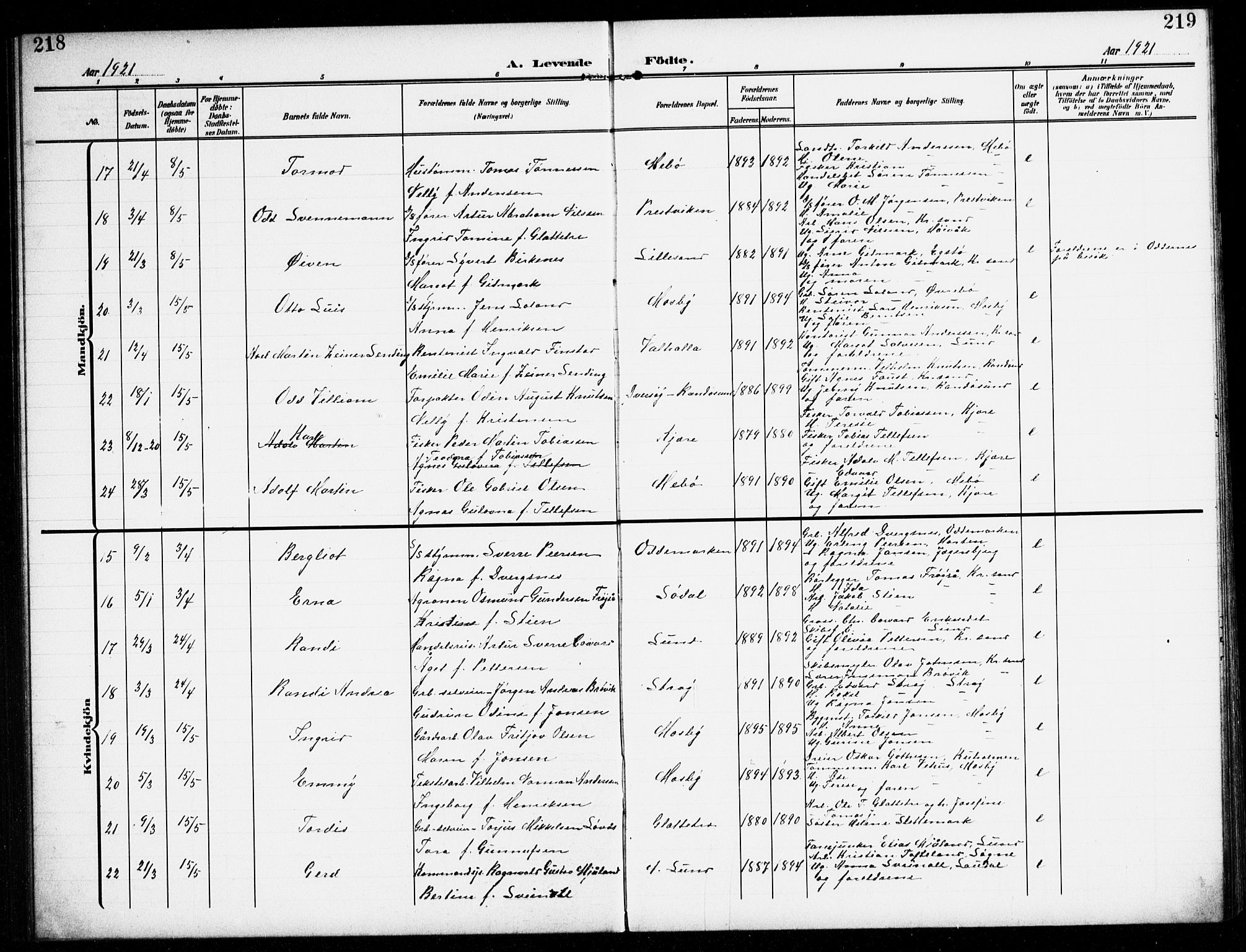 Oddernes sokneprestkontor, SAK/1111-0033/F/Fb/Fba/L0010: Parish register (copy) no. B 10, 1907-1941, p. 218-219