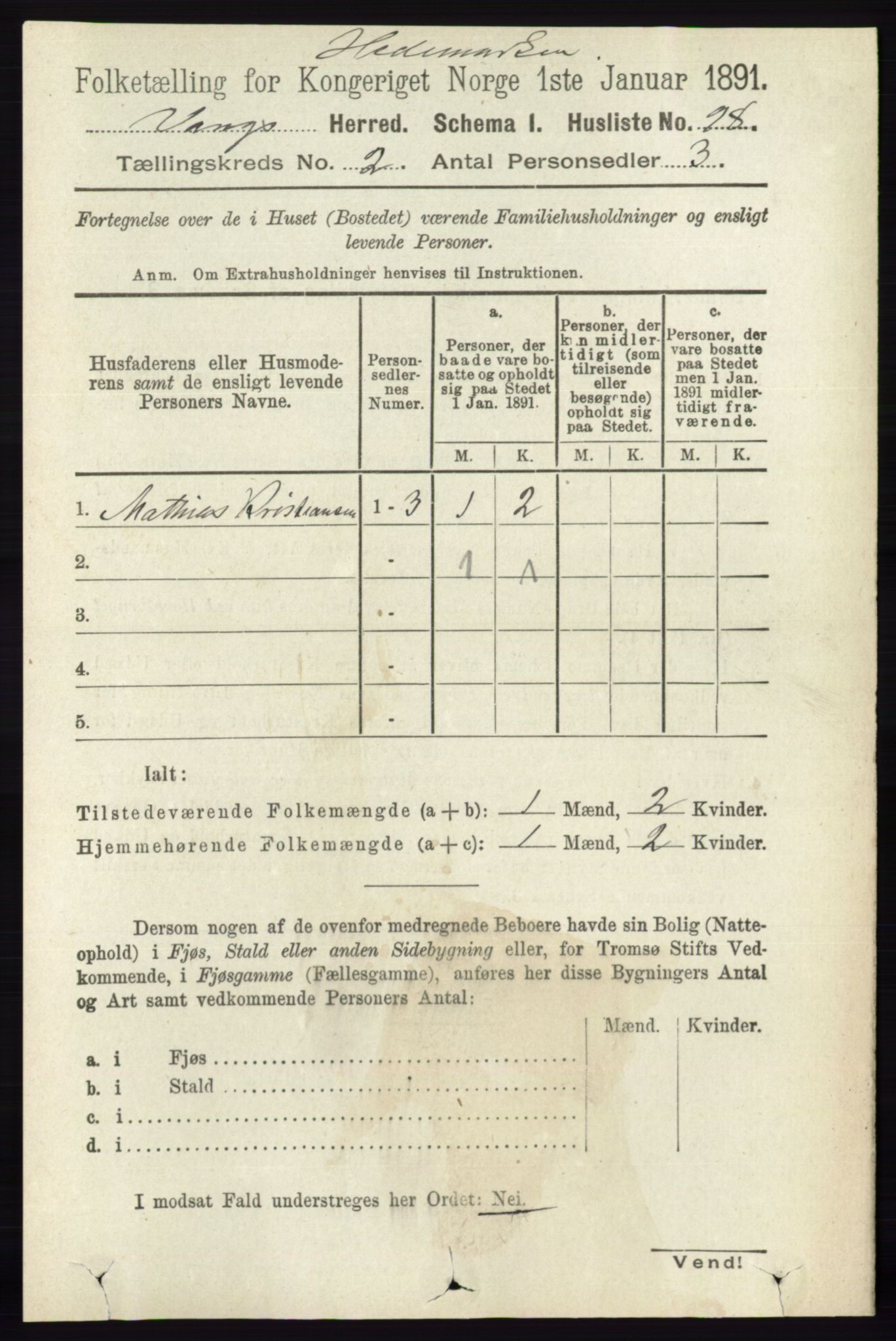 RA, 1891 census for 0414 Vang, 1891, p. 1030