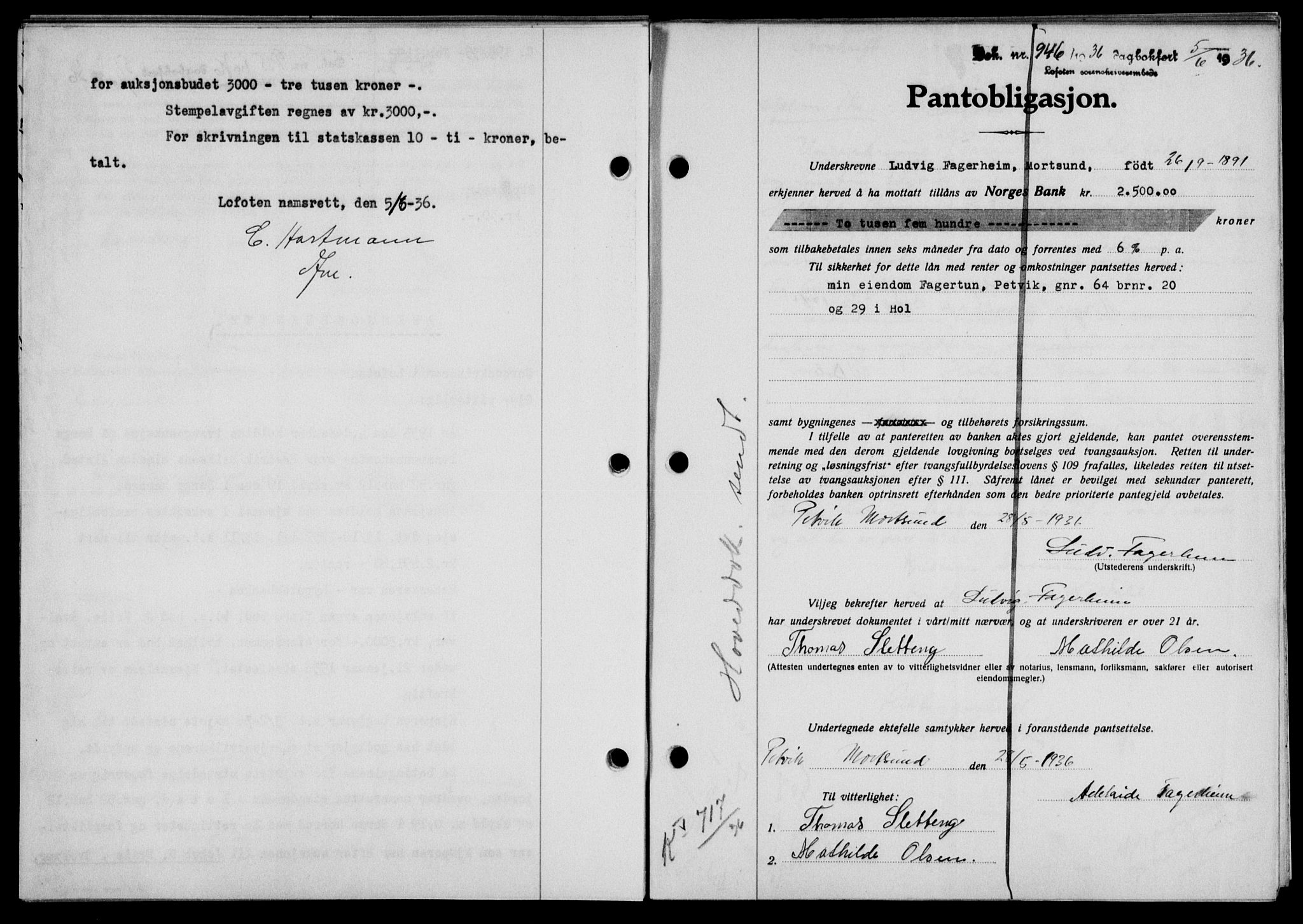 Lofoten sorenskriveri, SAT/A-0017/1/2/2C/L0033b: Mortgage book no. 33b, 1936-1936, Diary no: : 946/1936