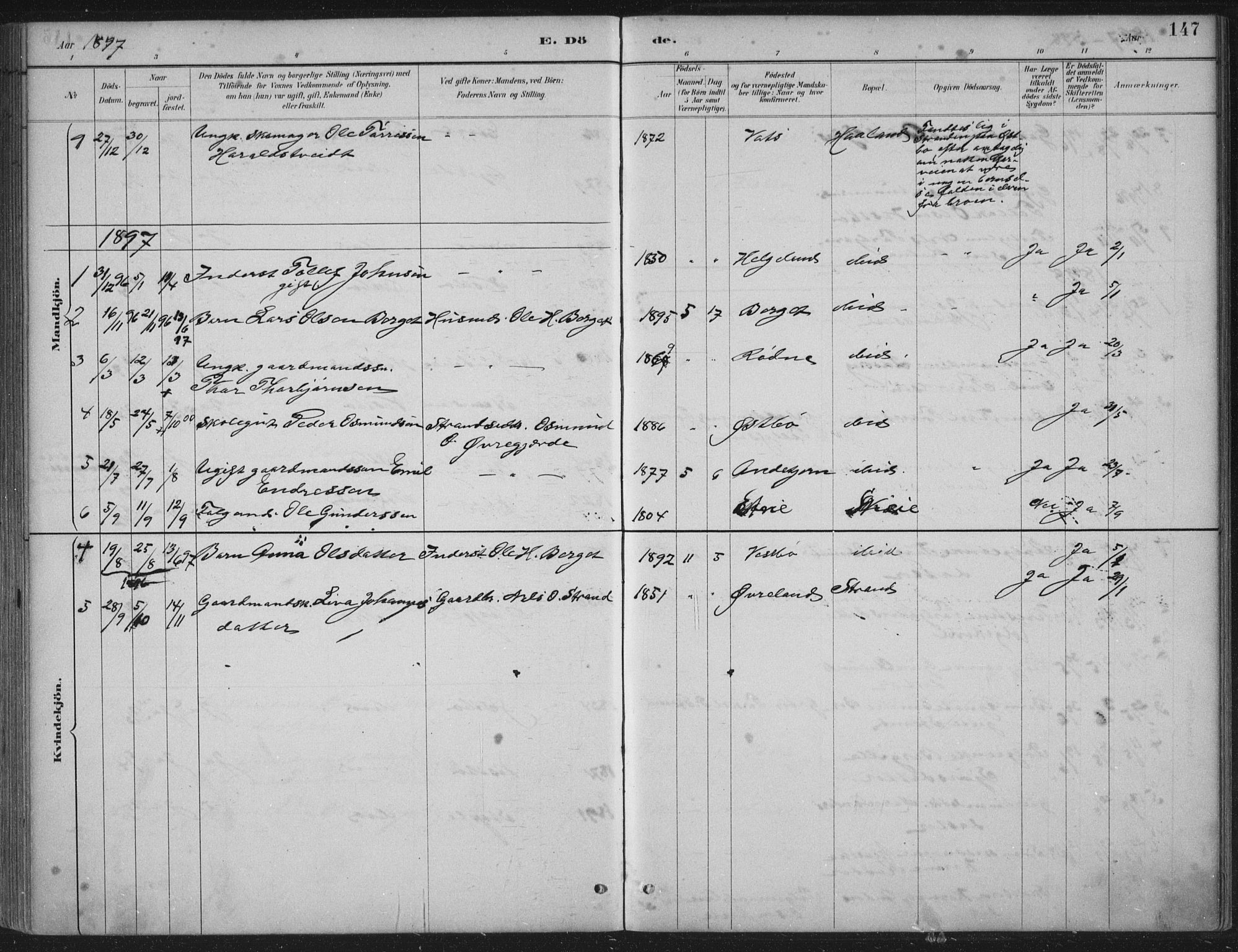 Vikedal sokneprestkontor, AV/SAST-A-101840/01/IV: Parish register (official) no. A 11, 1884-1933, p. 147