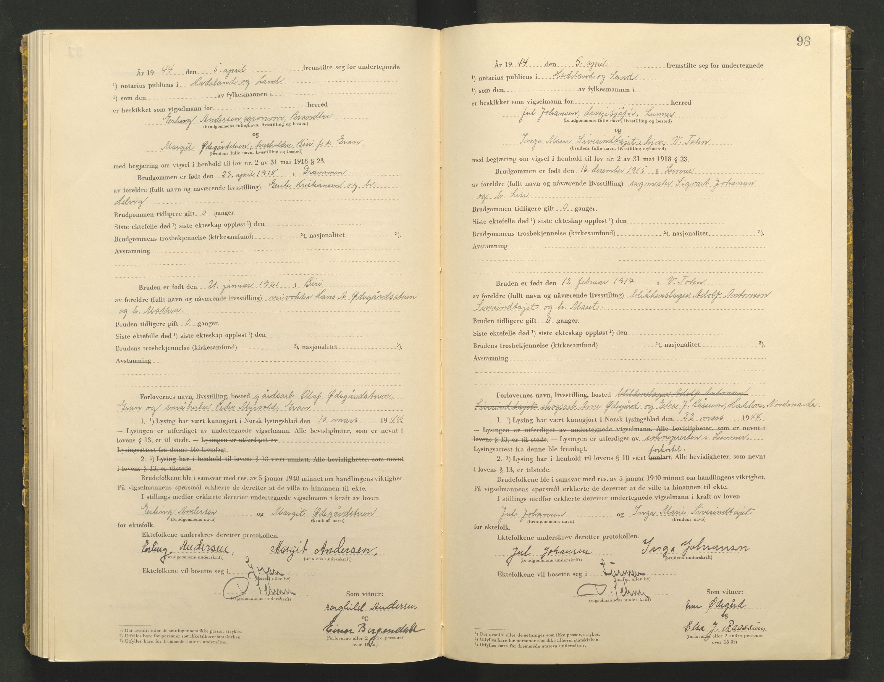 Hadeland og Land tingrett, AV/SAH-TING-010/L/Lb/L0002: Vigselbok, 1943-1944, p. 98