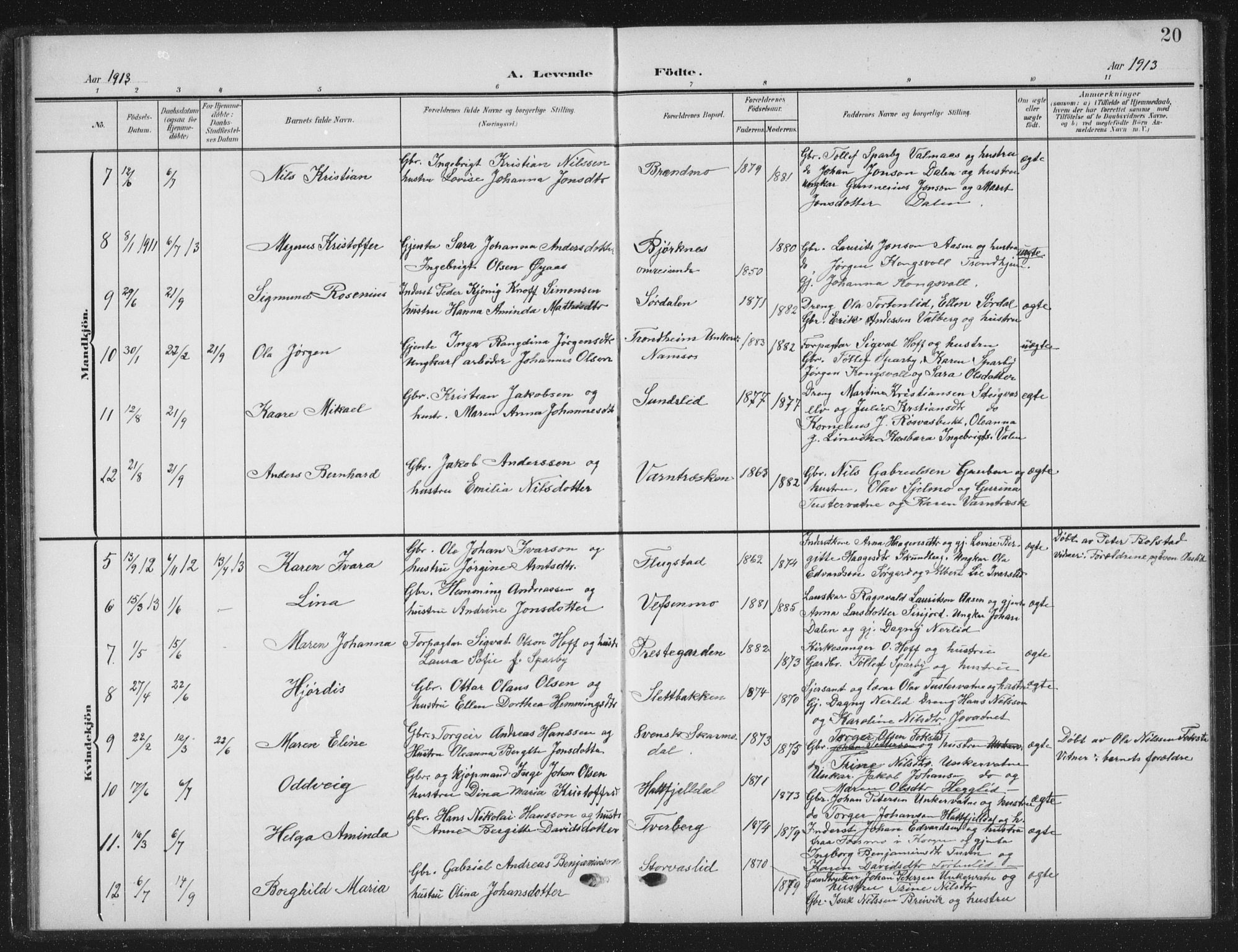 Ministerialprotokoller, klokkerbøker og fødselsregistre - Nordland, AV/SAT-A-1459/823/L0331: Parish register (copy) no. 823C03, 1905-1934, p. 20