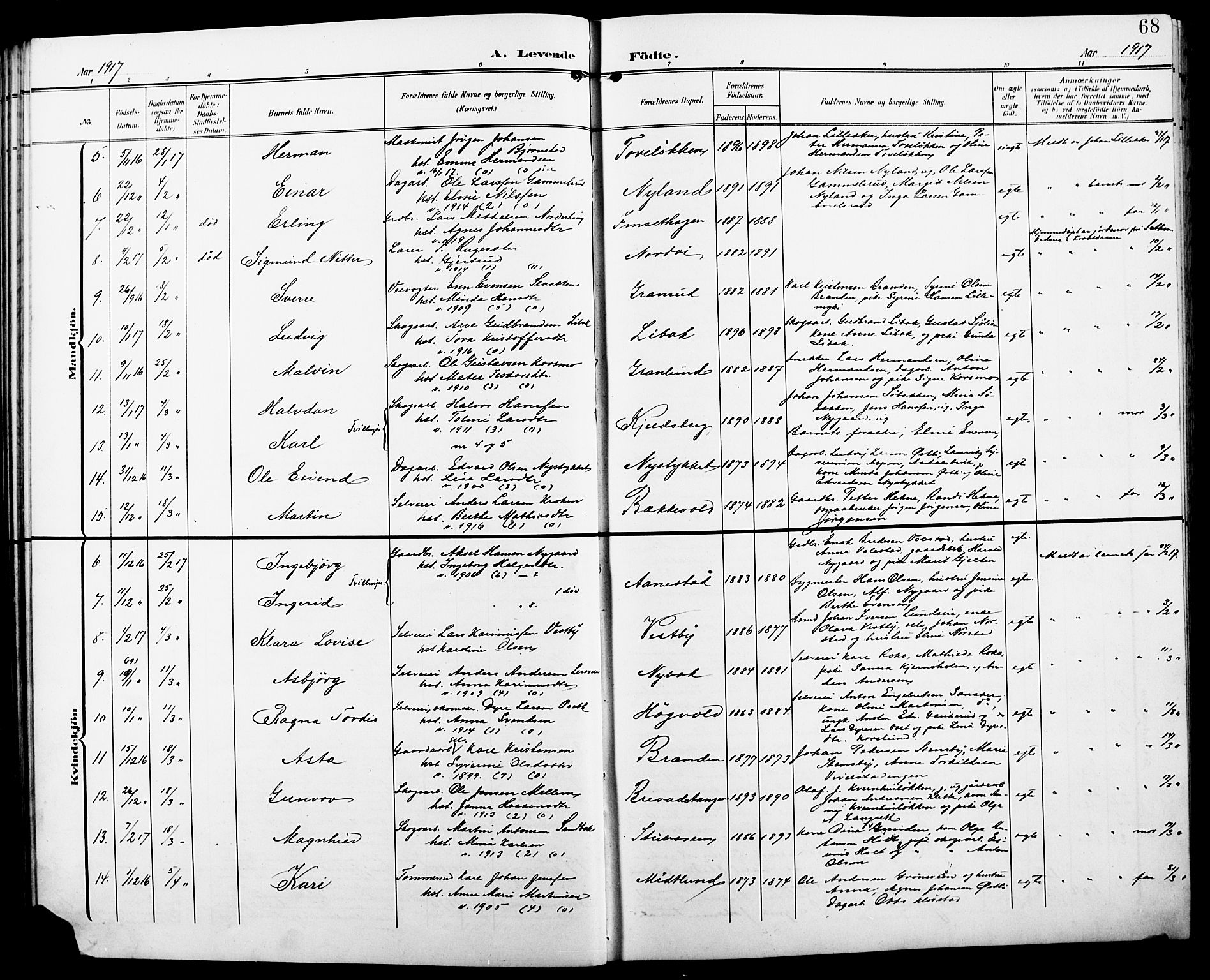 Løten prestekontor, SAH/PREST-022/L/La/L0007: Parish register (copy) no. 7, 1910-1919, p. 68