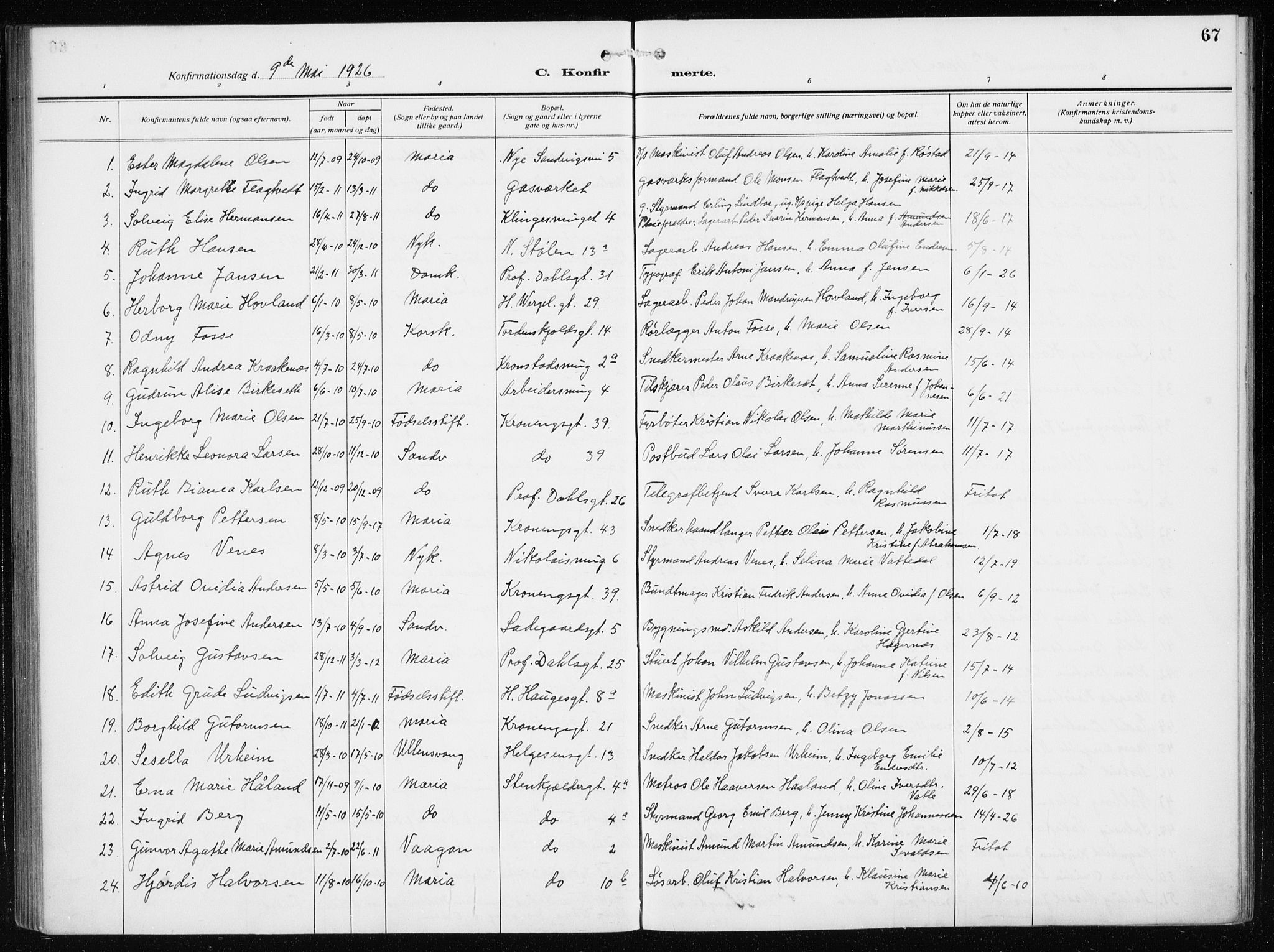 Mariakirken Sokneprestembete, AV/SAB-A-76901/H/Haa/L0015: Parish register (official) no. C 3, 1913-1927, p. 67