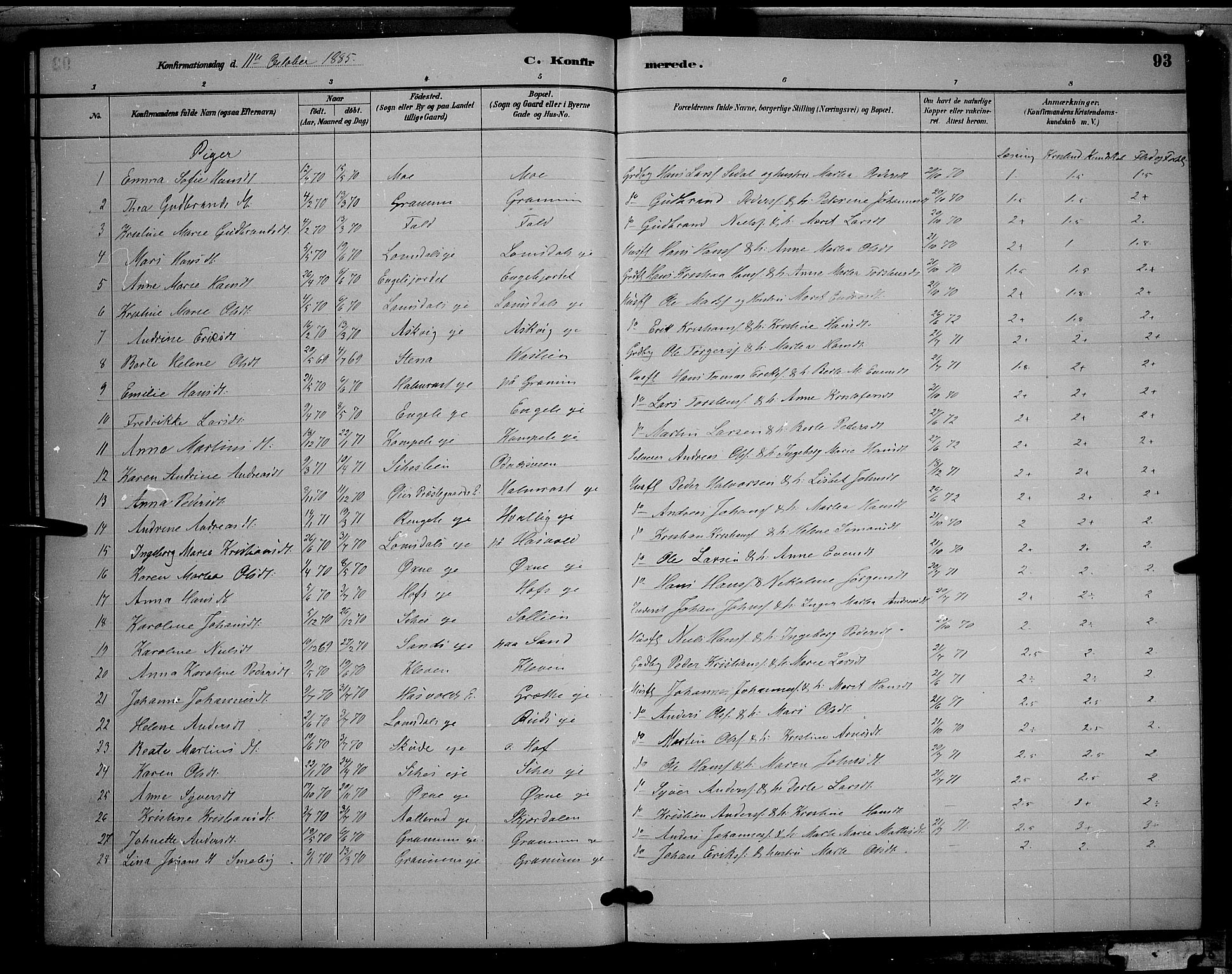 Søndre Land prestekontor, SAH/PREST-122/L/L0002: Parish register (copy) no. 2, 1884-1900, p. 93