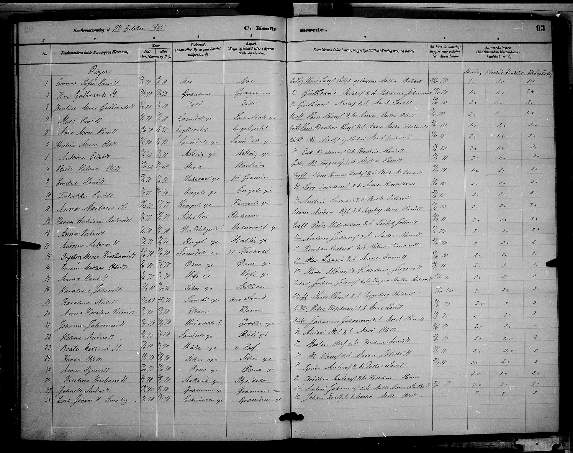 Søndre Land prestekontor, AV/SAH-PREST-122/L/L0002: Parish register (copy) no. 2, 1884-1900, p. 93