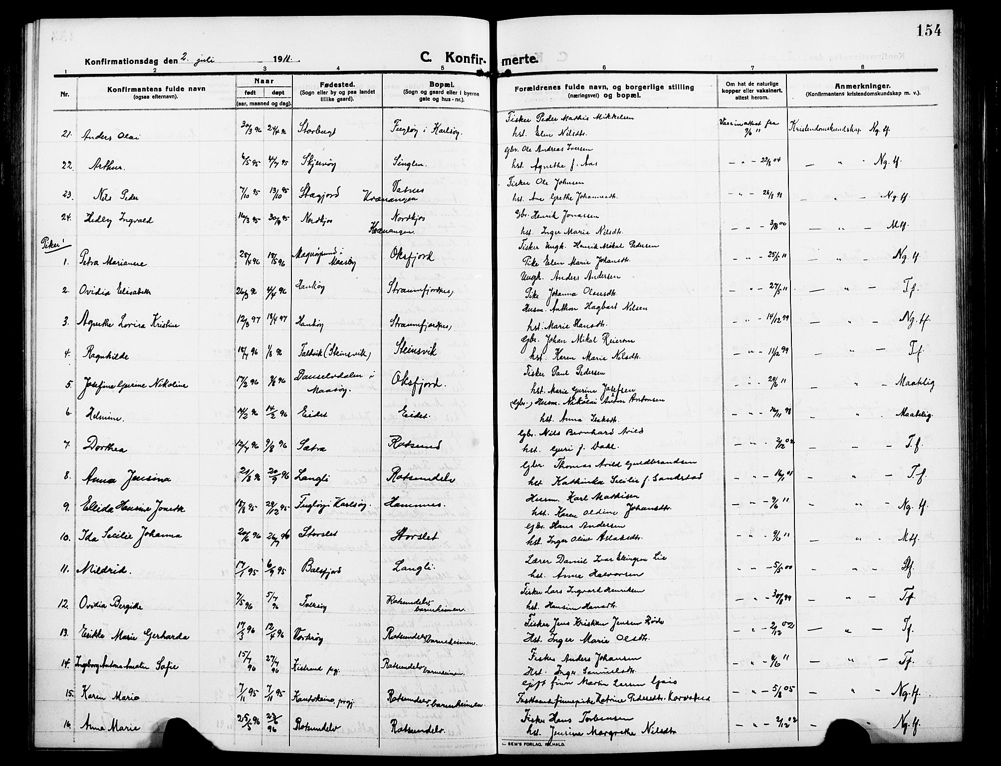 Skjervøy sokneprestkontor, AV/SATØ-S-1300/H/Ha/Hab/L0009klokker: Parish register (copy) no. 9, 1911-1926, p. 154