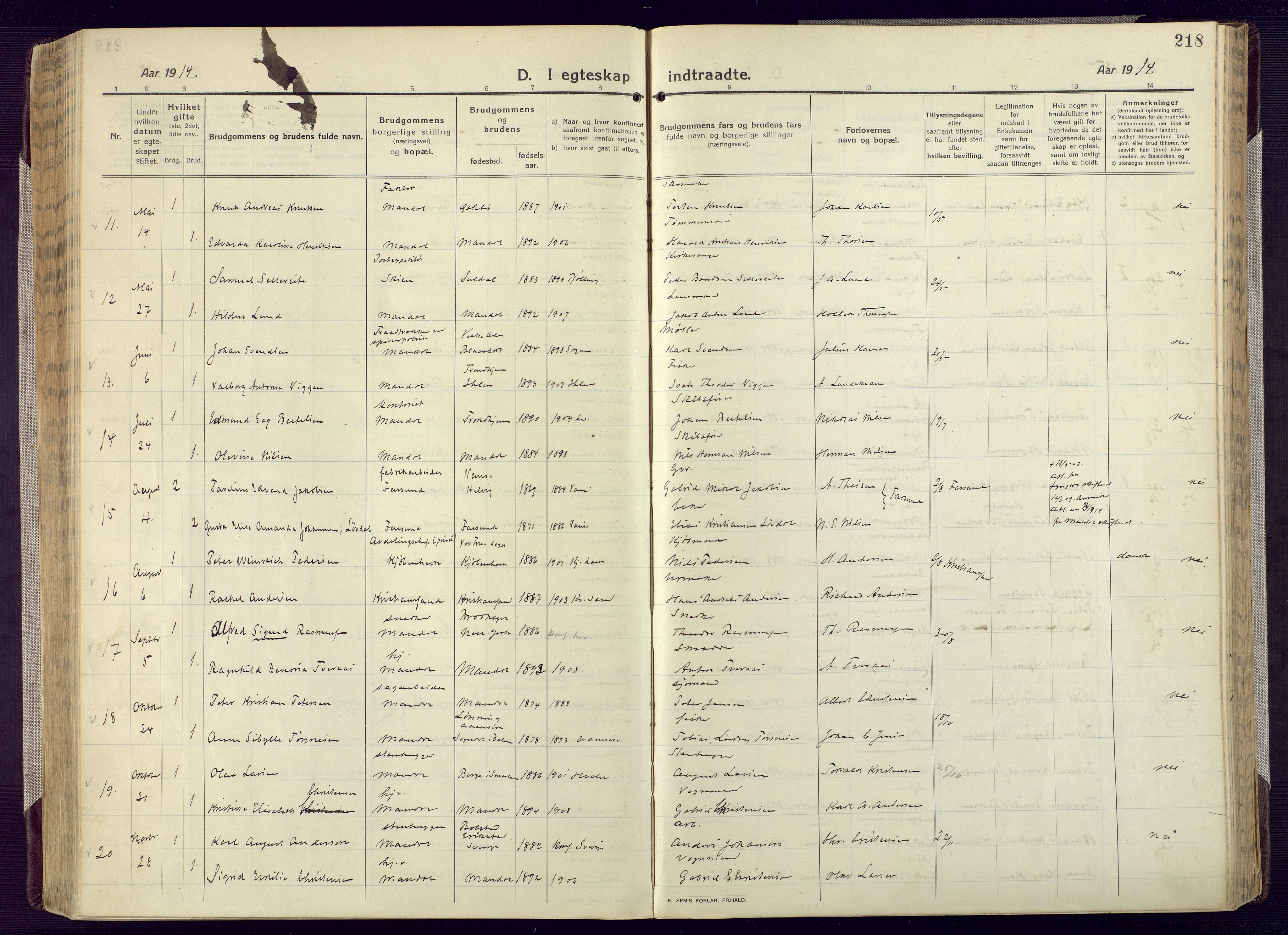 Mandal sokneprestkontor, AV/SAK-1111-0030/F/Fa/Fac/L0001: Parish register (official) no. A 1, 1913-1925, p. 218