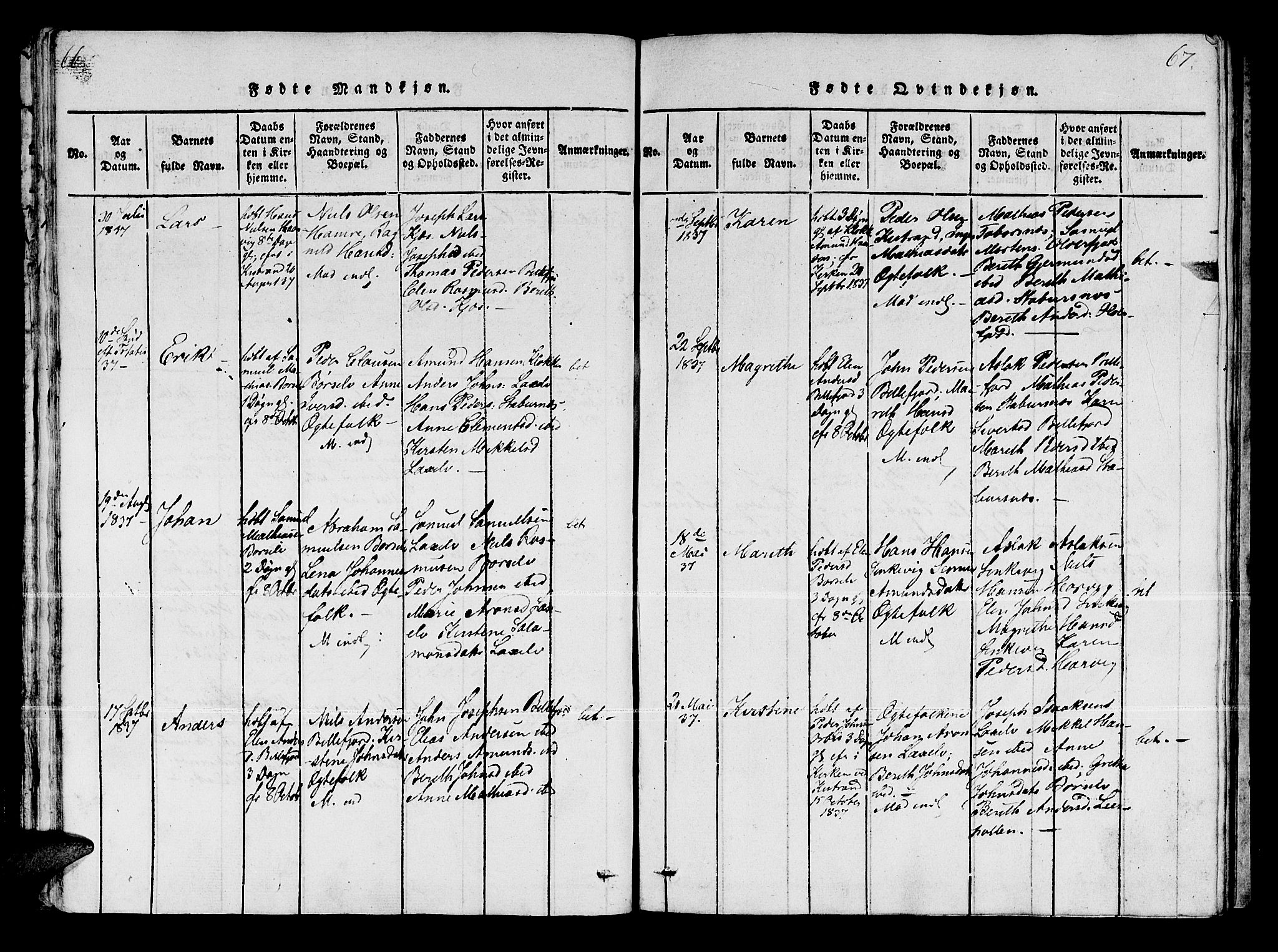 Kistrand/Porsanger sokneprestembete, AV/SATØ-S-1351/H/Ha/L0003.kirke: Parish register (official) no. 3, 1825-1842, p. 66-67