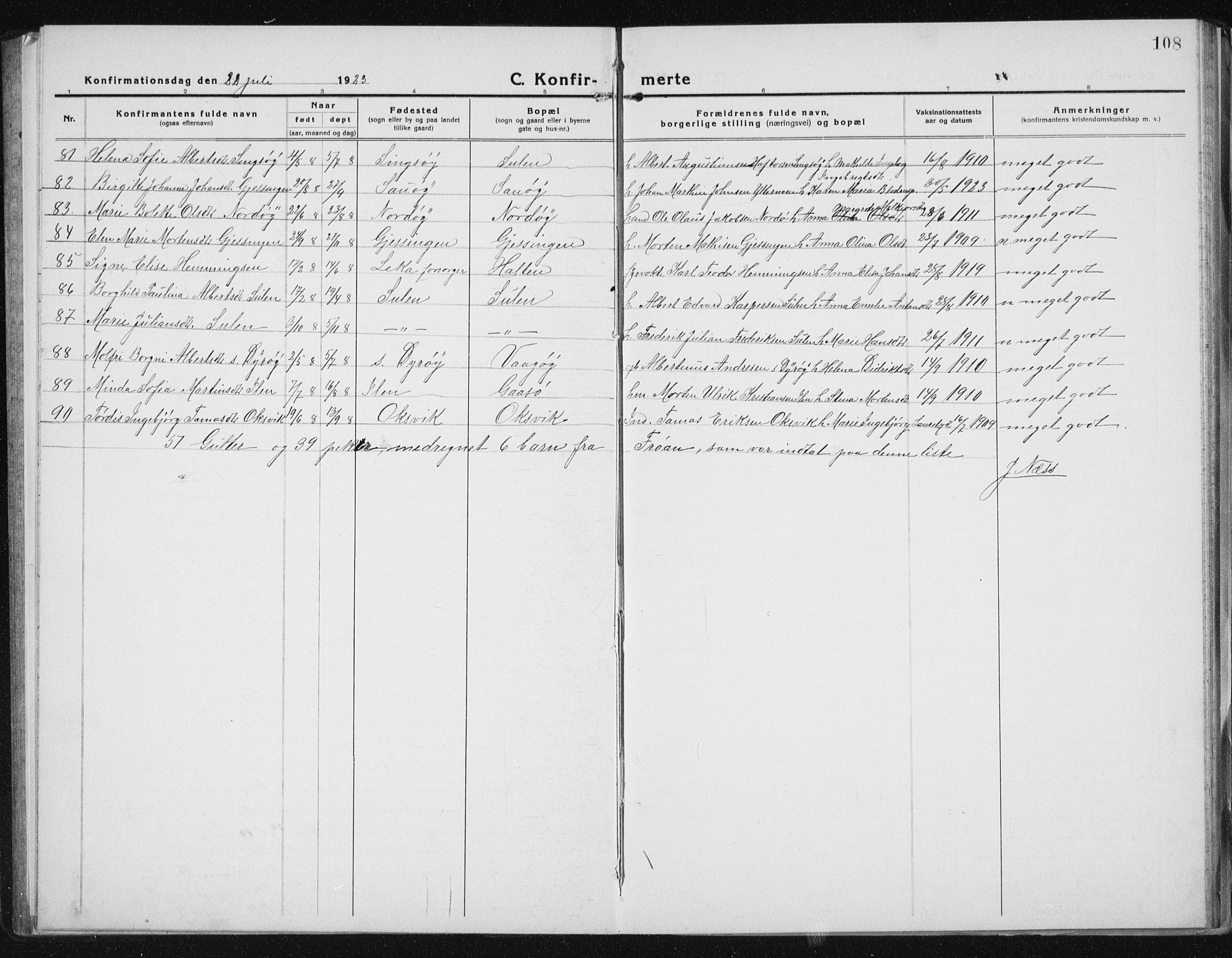 Ministerialprotokoller, klokkerbøker og fødselsregistre - Sør-Trøndelag, SAT/A-1456/640/L0589: Parish register (copy) no. 640C06, 1922-1934, p. 108