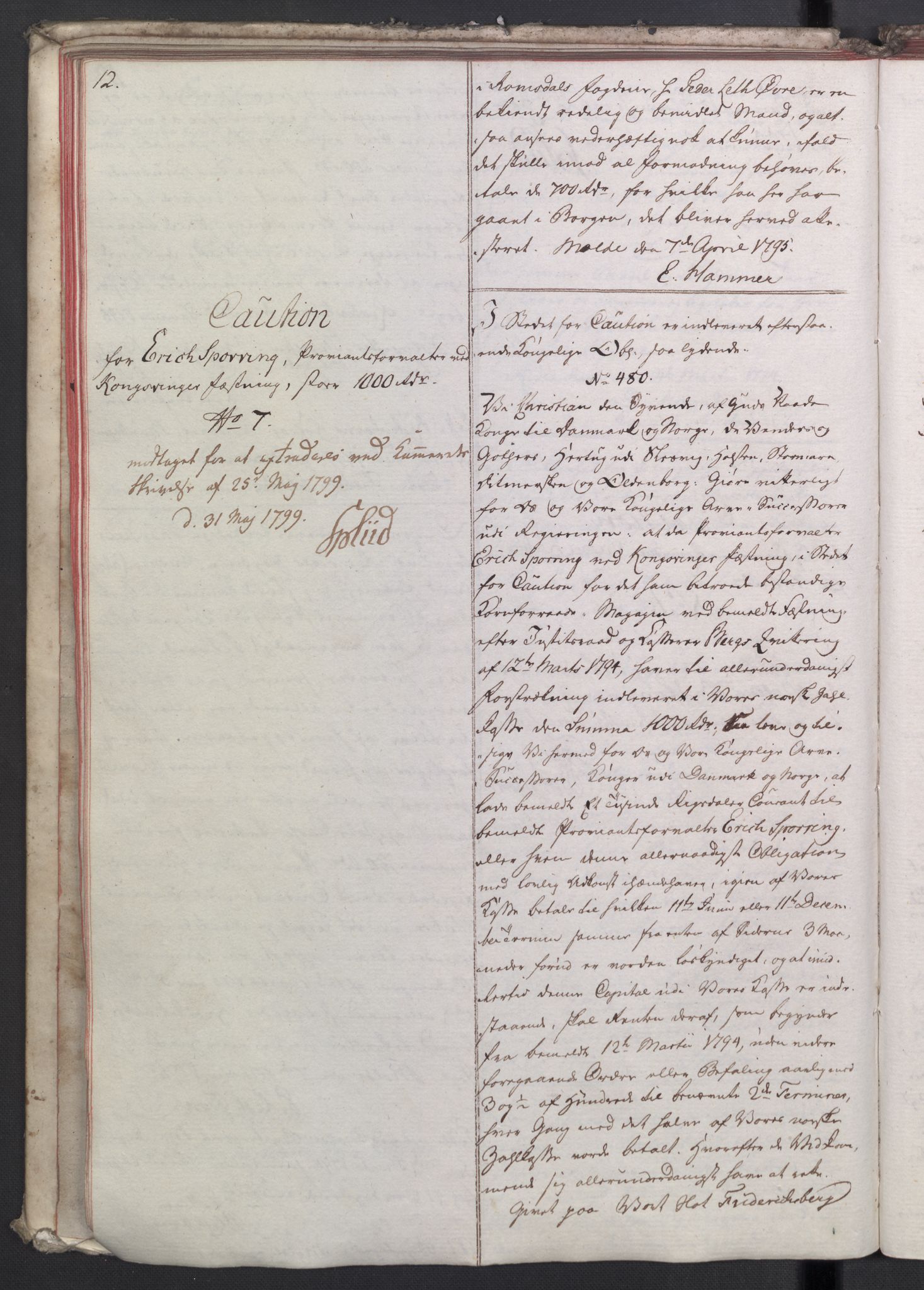 Rentekammeret, Kammerkanselliet, AV/RA-EA-3111/G/Gh/Ghd/L0006: Kausjonsprotokoll med register (merket RK 53.44), 1793-1813, p. 12