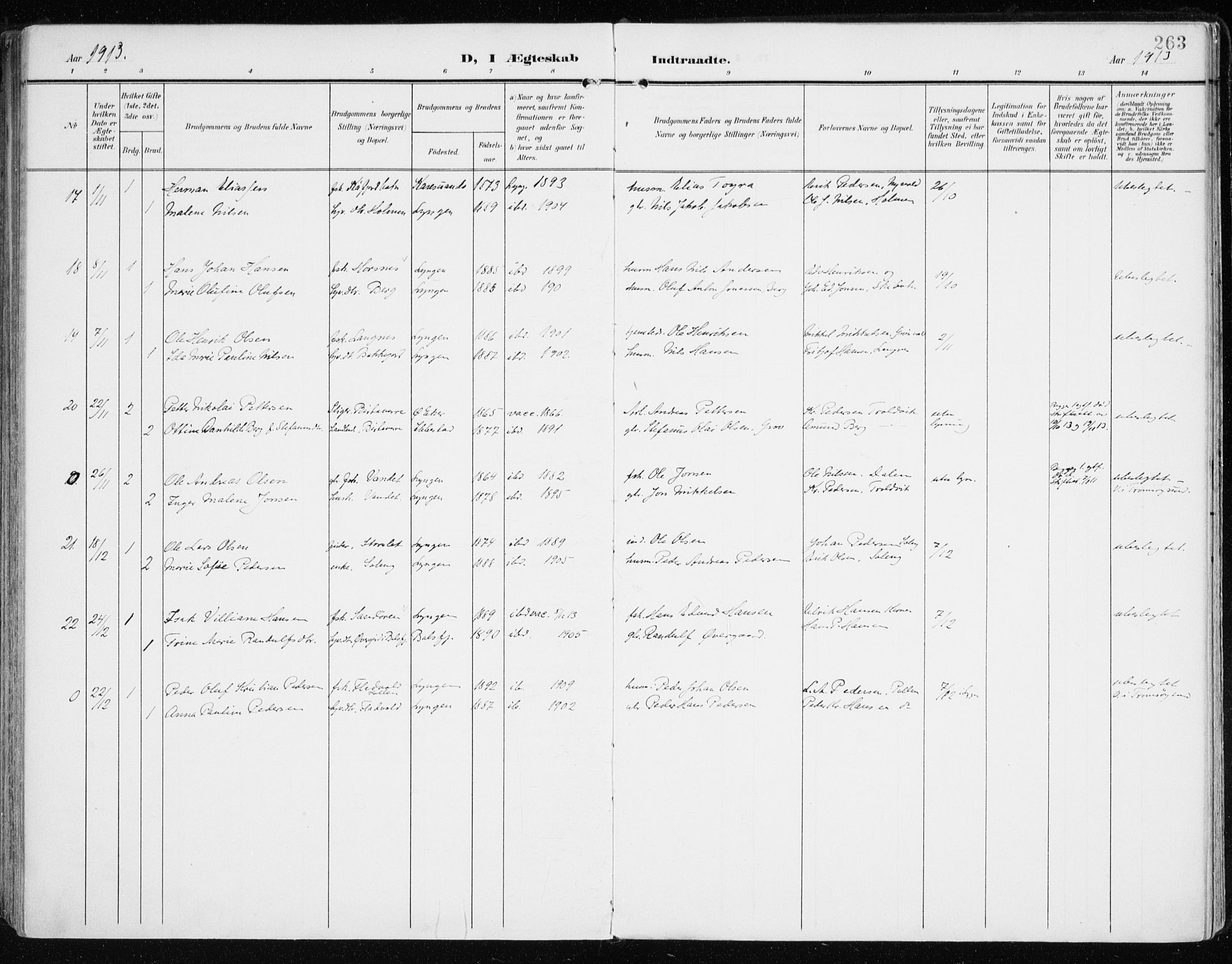 Lyngen sokneprestembete, AV/SATØ-S-1289/H/He/Hea/L0011kirke: Parish register (official) no. 11, 1903-1913, p. 263