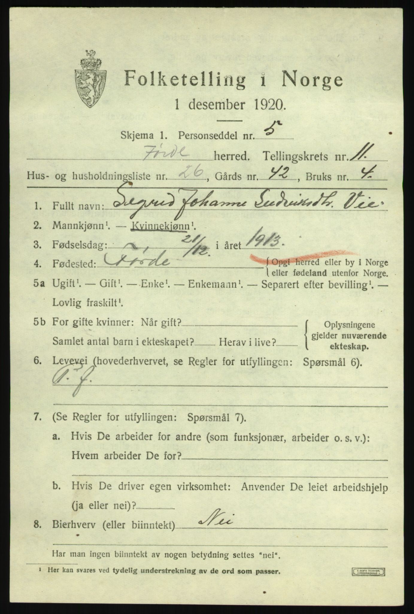 SAB, 1920 census for Førde, 1920, p. 4254