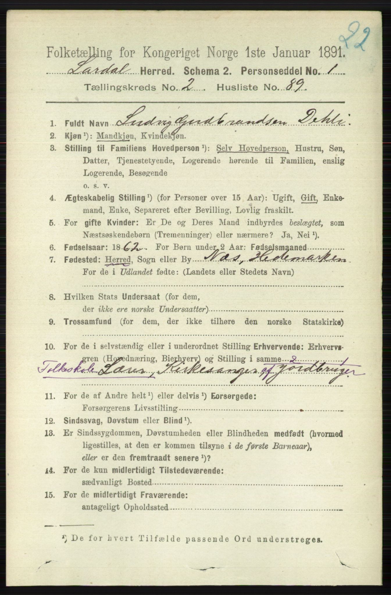 RA, 1891 census for 0728 Lardal, 1891, p. 1223