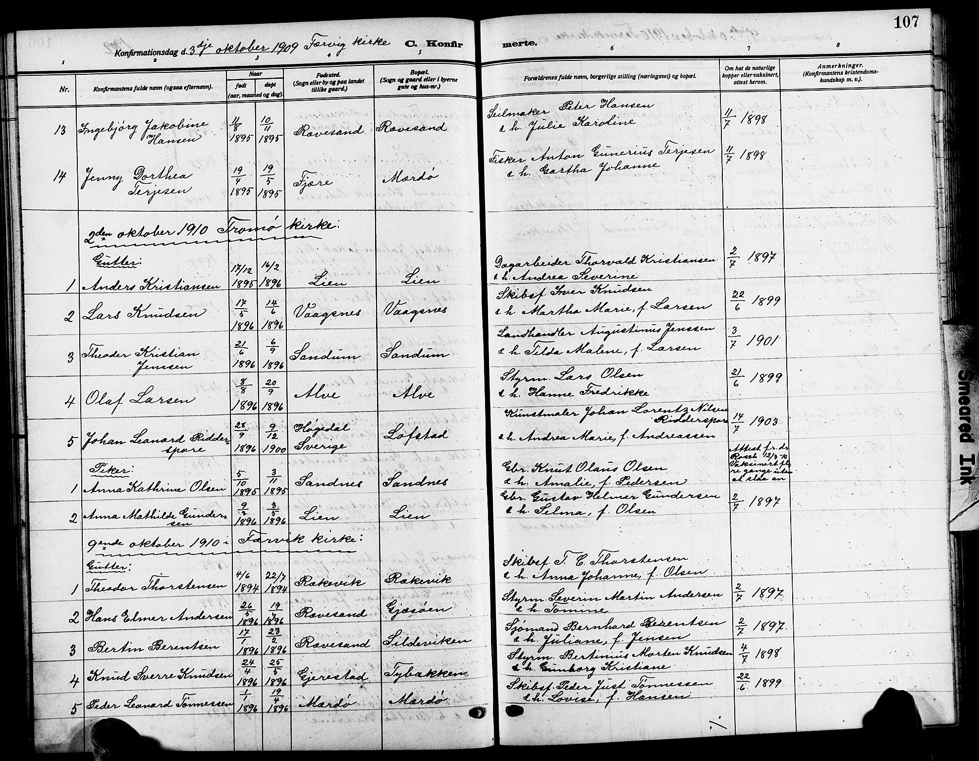 Tromøy sokneprestkontor, AV/SAK-1111-0041/F/Fb/L0007: Parish register (copy) no. B 7, 1908-1925, p. 107