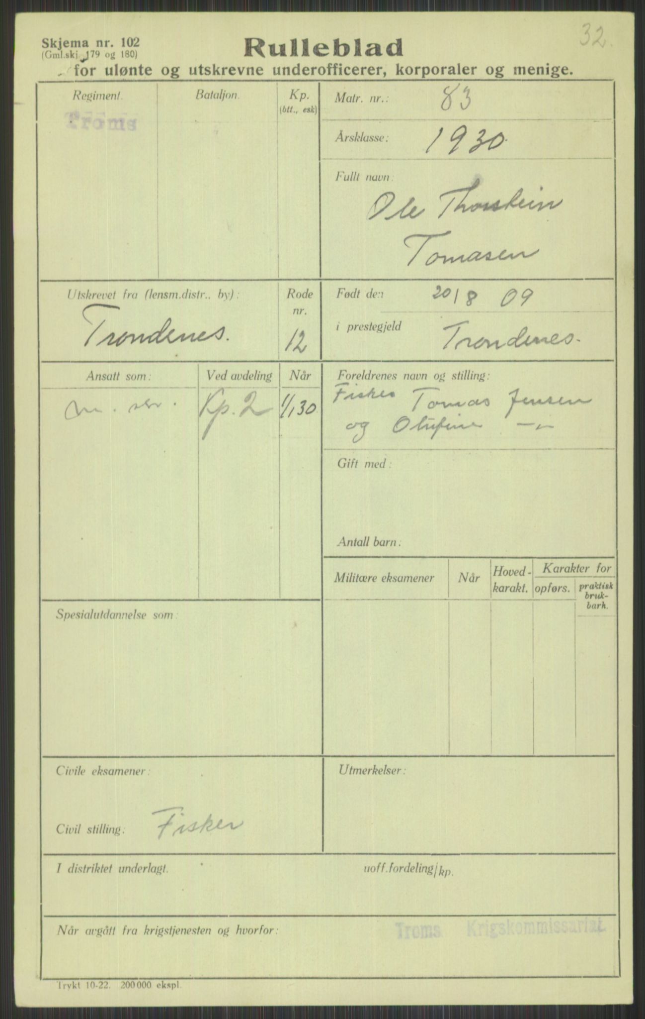 Forsvaret, Troms infanteriregiment nr. 16, AV/RA-RAFA-3146/P/Pa/L0014: Rulleblad for regimentets menige mannskaper, årsklasse 1930, 1930, p. 1055